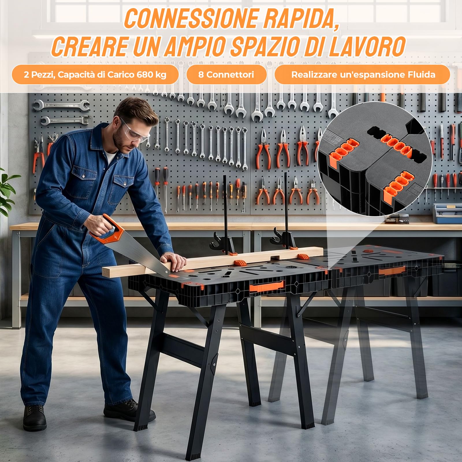TLGREEN Set di 2 Banco da Lavoro Pieghevole,Tavolo da Lavoro con 4 Morsetti | Banco da Lavoro Pieghevole Portatile con Presa di Corrente, Apertura One-Touch, Capacità di Carico 680kg, per Officina Garage
