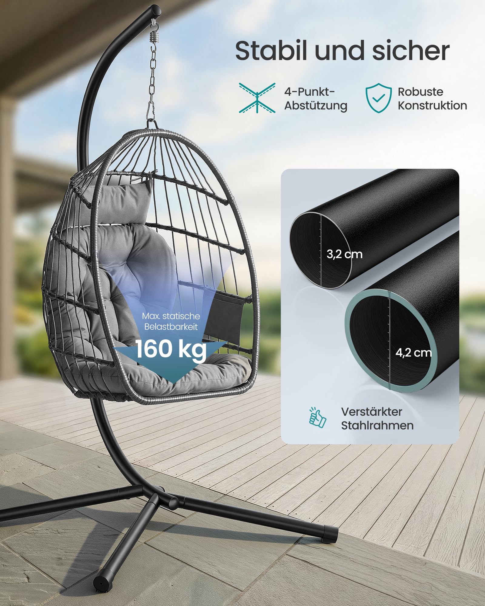 SONGMICS Hängesessel mit Gestell, Hängeschaukel Outdoor, Korbsessel, Korb klappbar und abnehmbar, Hängestuhl höhenverstellbar, Seitentasche, Kissen, Wohnzimmer Garten Balkon, grau GDC050GZ01