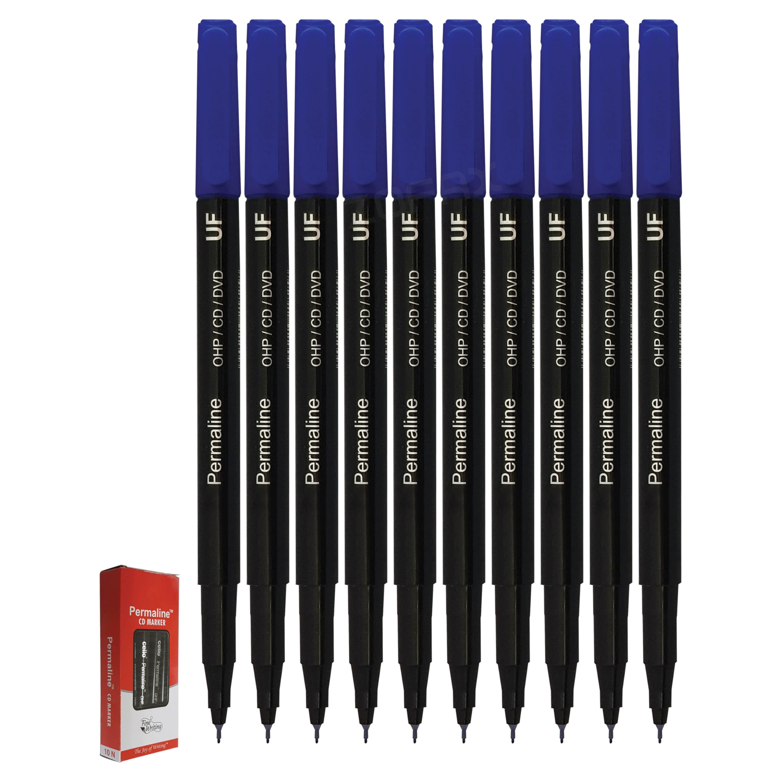 SCHOOL-MATE PERMANENT Fineline Marker Pens, BLUE, Ultra Fine Tip, Pack of 10, CPM10BLU, Smooth Surface Marker Pens, Waterproof Ink, ZOFAX Black Ball Pen