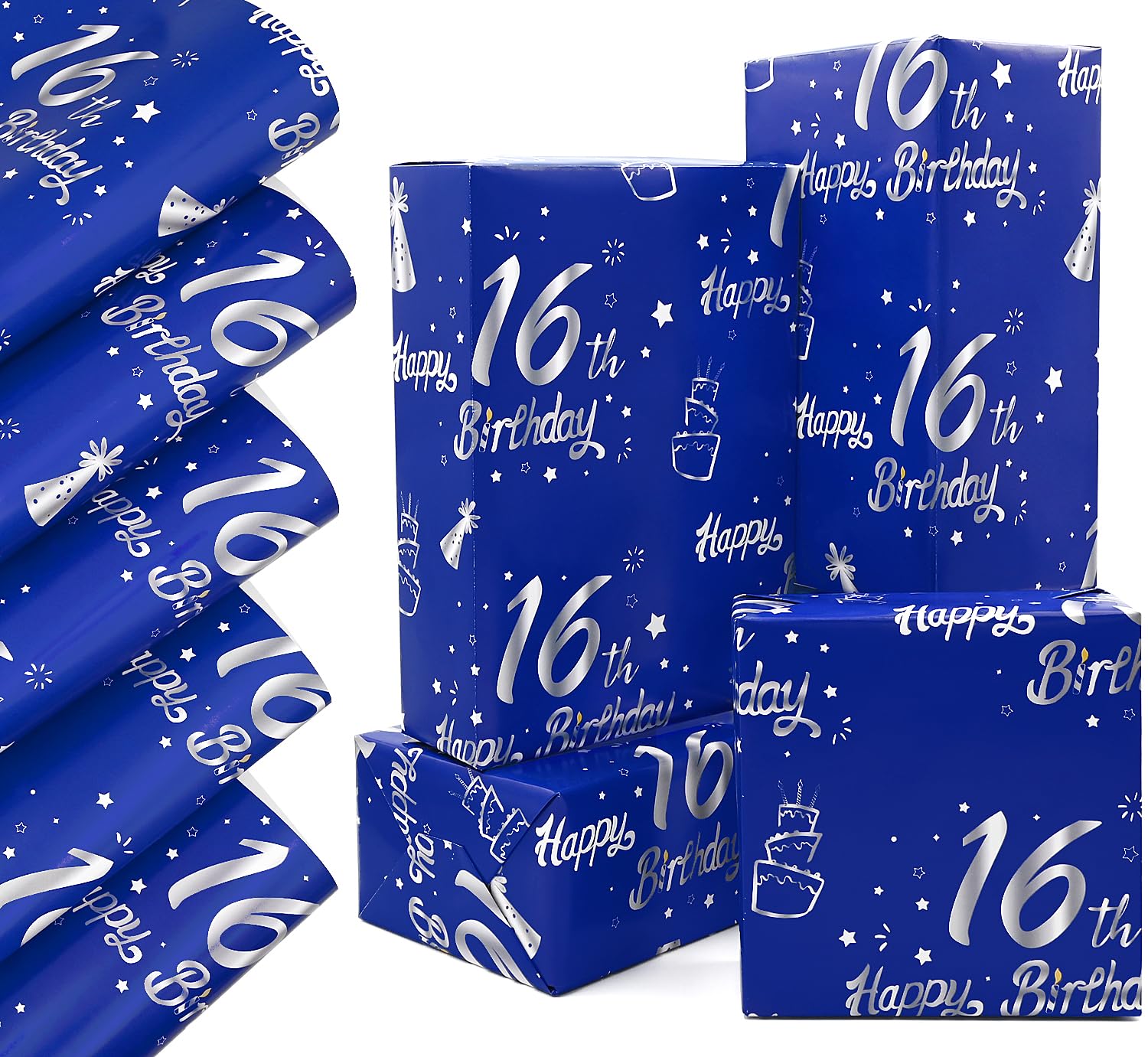 QRTDXP Navy Blue 16th Gift Wrapping Paper Sheets,5pcs 50 * 70cm Large Silver 16th Birthday Paper, Blue Eco-friendly Gift Wrap Perfect for Wrapping Present for Boys Girls — image 1