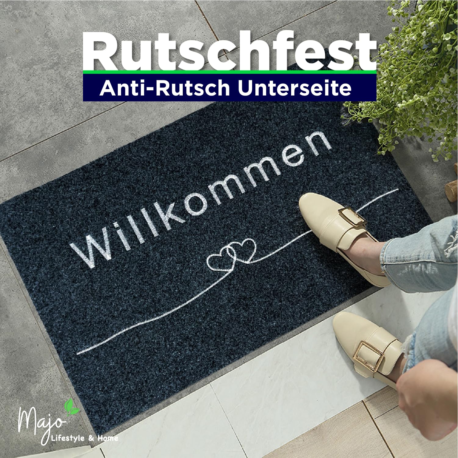 Fußmatte rutschfest waschbar Flur-Matte dünne Haustür-Matte, Schmutzfangmatte für innen und außen, Fussabtreter Eingangsbereich (ANTHRAZIT WILLKOMMEN, 40x60 cm)