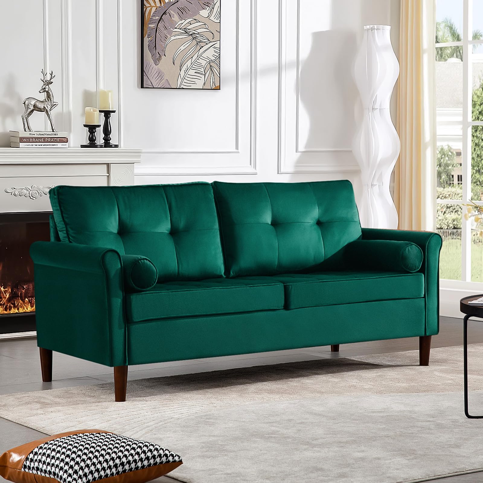 Green Loveseat Sofa Mid-Century Modern Velvet Small Couch Comfy Love Seat Sofa Upholstered Mini Sofa With Back Cushions