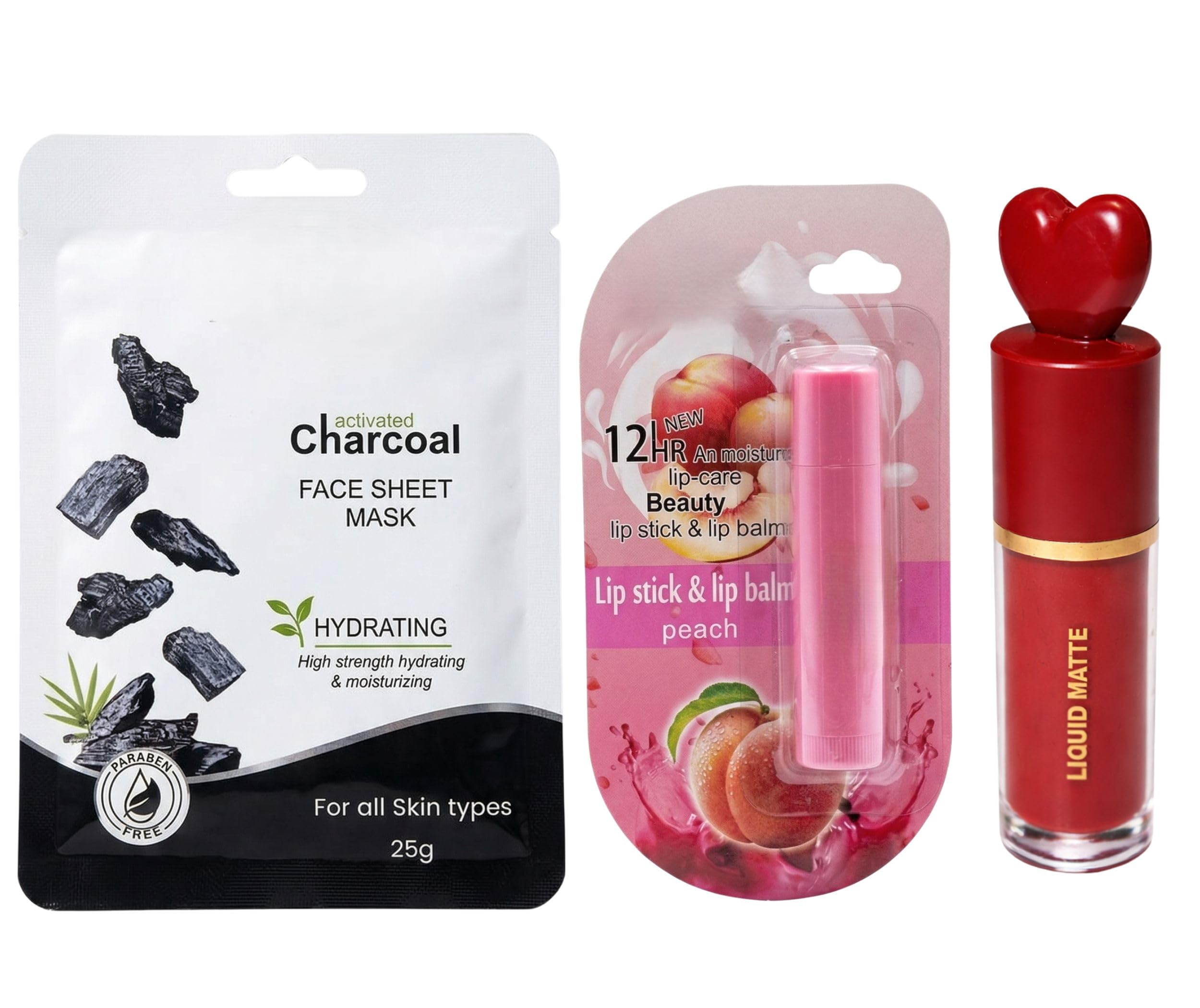 3-Piece Skin & Lip Care Makeup Combo Set | Hydrating Activated Charcoal Face Sheet Mask, 12HR Moisture Peach Lip Balm Stick & Long-Lasting Red Liquid Matte Lipstick | Complete Beauty Kit for Girls & Women-image-4