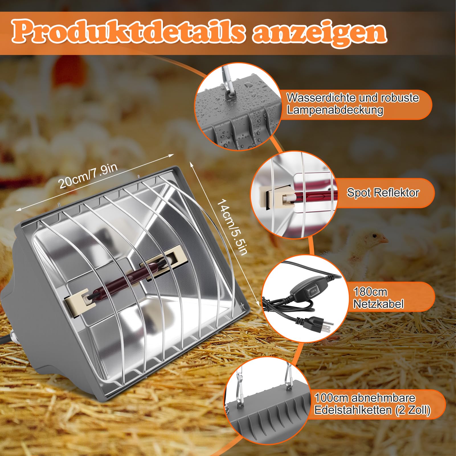 Lampada termica per polli, 2 pezzi, temperatura regolabile, 175 W, 250 W, impermeabile, per pulcini, con cavo da 1,8 m, adatta per pulcini, anatre, cuccioli, bestiame