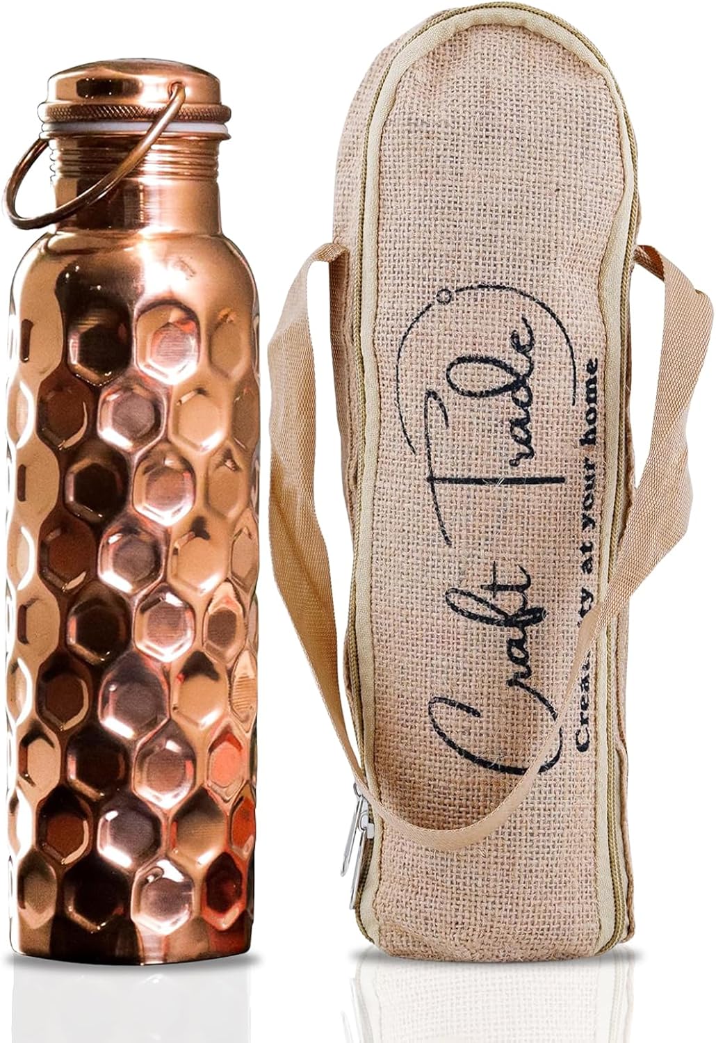 Craft Trade 100% Pure Copper Water Bottle 34 Oz, Ayurveda inspired 1Ltr Bottle for Drinking, Handcrafted Honeycomb Finish with Jute Carry Case, Boosts Immunity & Digestion, Leak-Proof, BPA-Free, 2 Pk