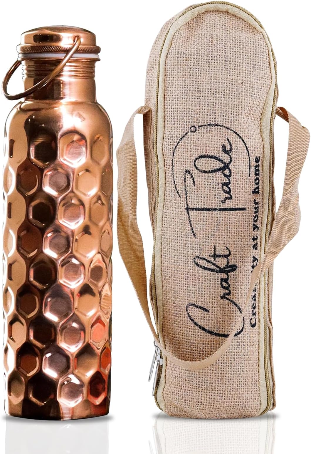 Craft Trade 100% Pure Copper Water Bottle 32 Oz – 950ml Fitness Bottle for Drinking, Ayurveda Inspired Handcrafted Vessel for Wellness, Honeycomb Finish with Jute Carry Case - Leak-Proof, BPA-Free