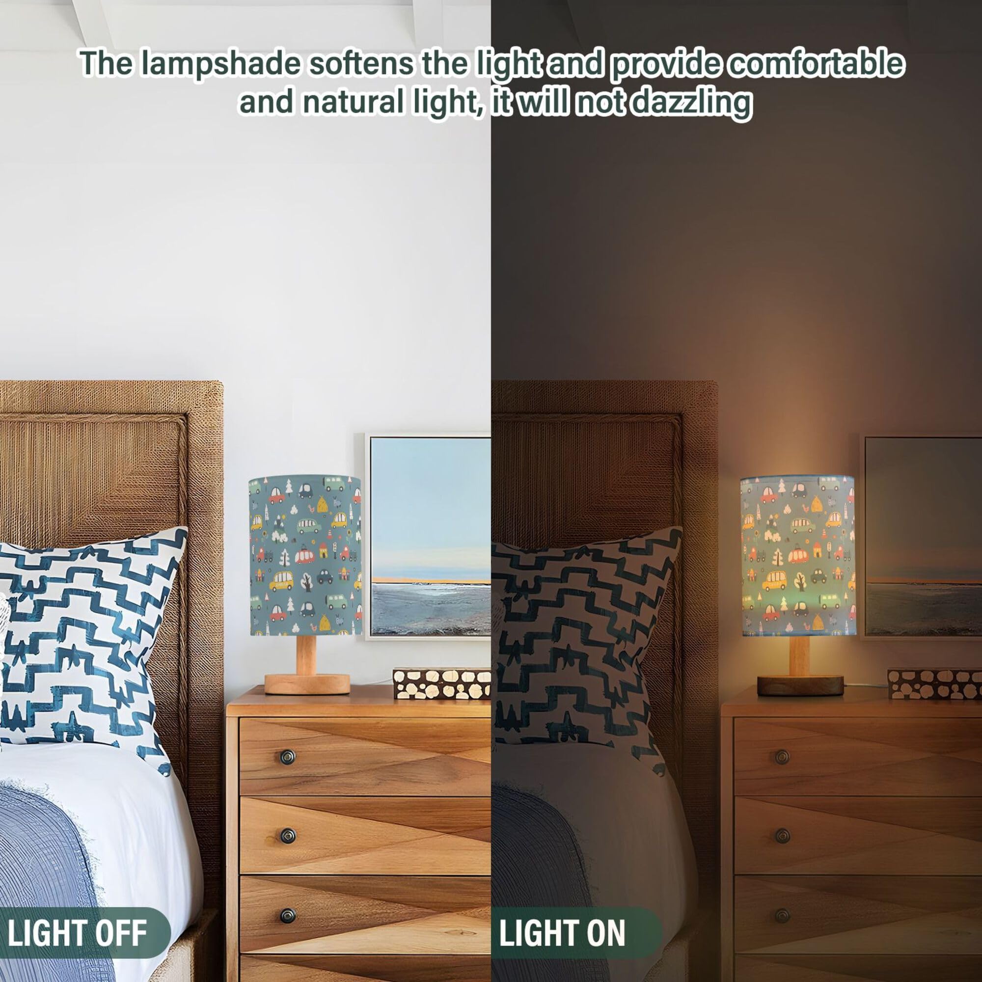Lampada da tavolo con motivo carino, motivo cartoni animati, per comodino, con base in legno, paralume in tessuto, lampada da comodino per soggiorno, camera da letto, camera dei bambini, ufficio