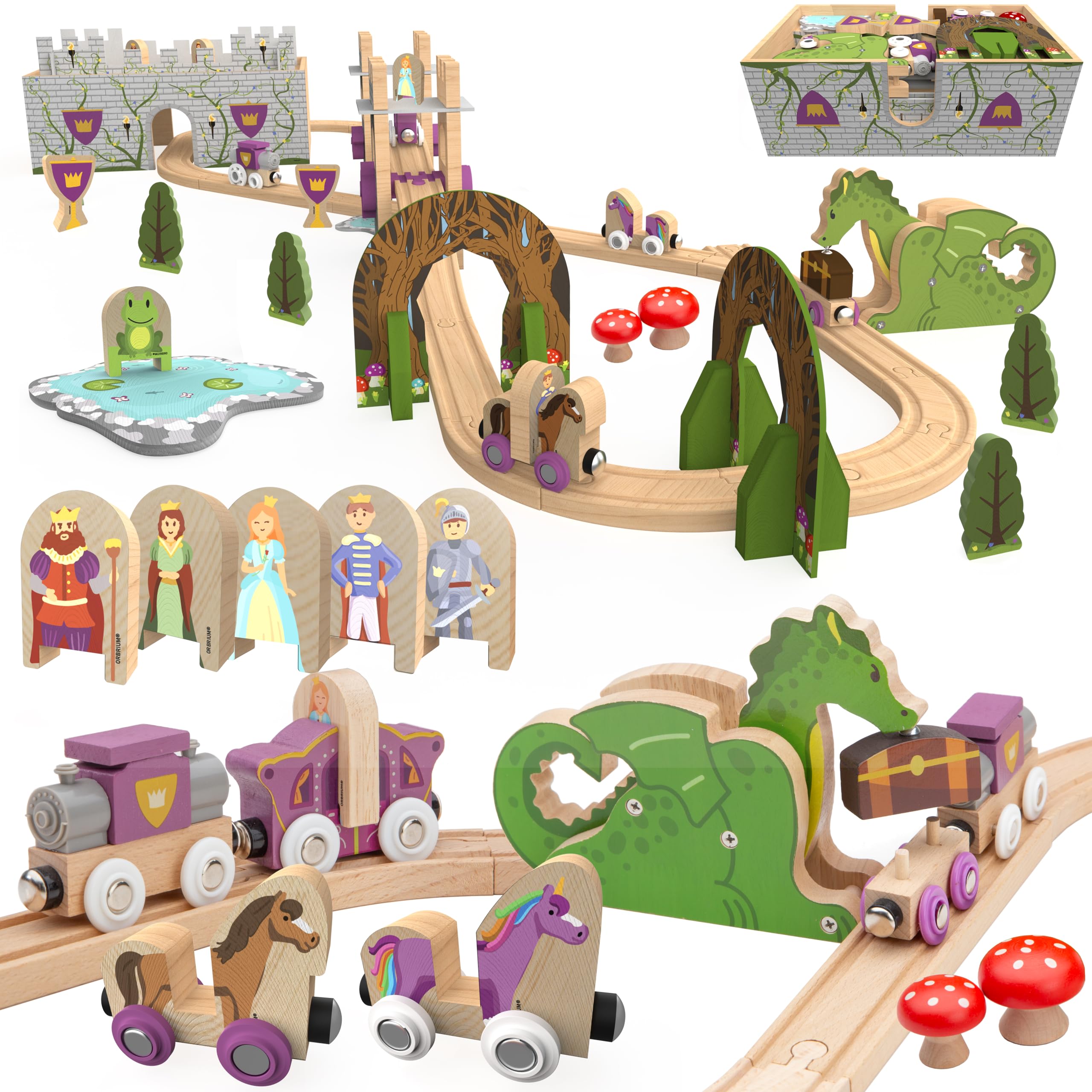 ORBRIUM 68 Pcs Fantasy Kingdom Adventure Wooden Train Set in Wooden Storage Box Unisex Children Toys Girls Boys 3 4 5 6 7 Years Compatible with Thomas, BRIO, Melissa and Doug, Imaginarium, IKEA