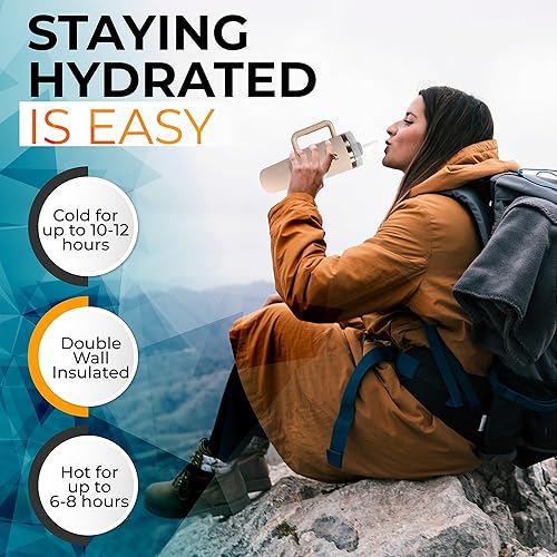 Miniatura 3 de HELCIUM - Vaso Quencher de viaje con tapa y pajilla, práctico vaso con asa para agua, café, té, jugo, vaso caliente y frío de 40 onzas con asa,