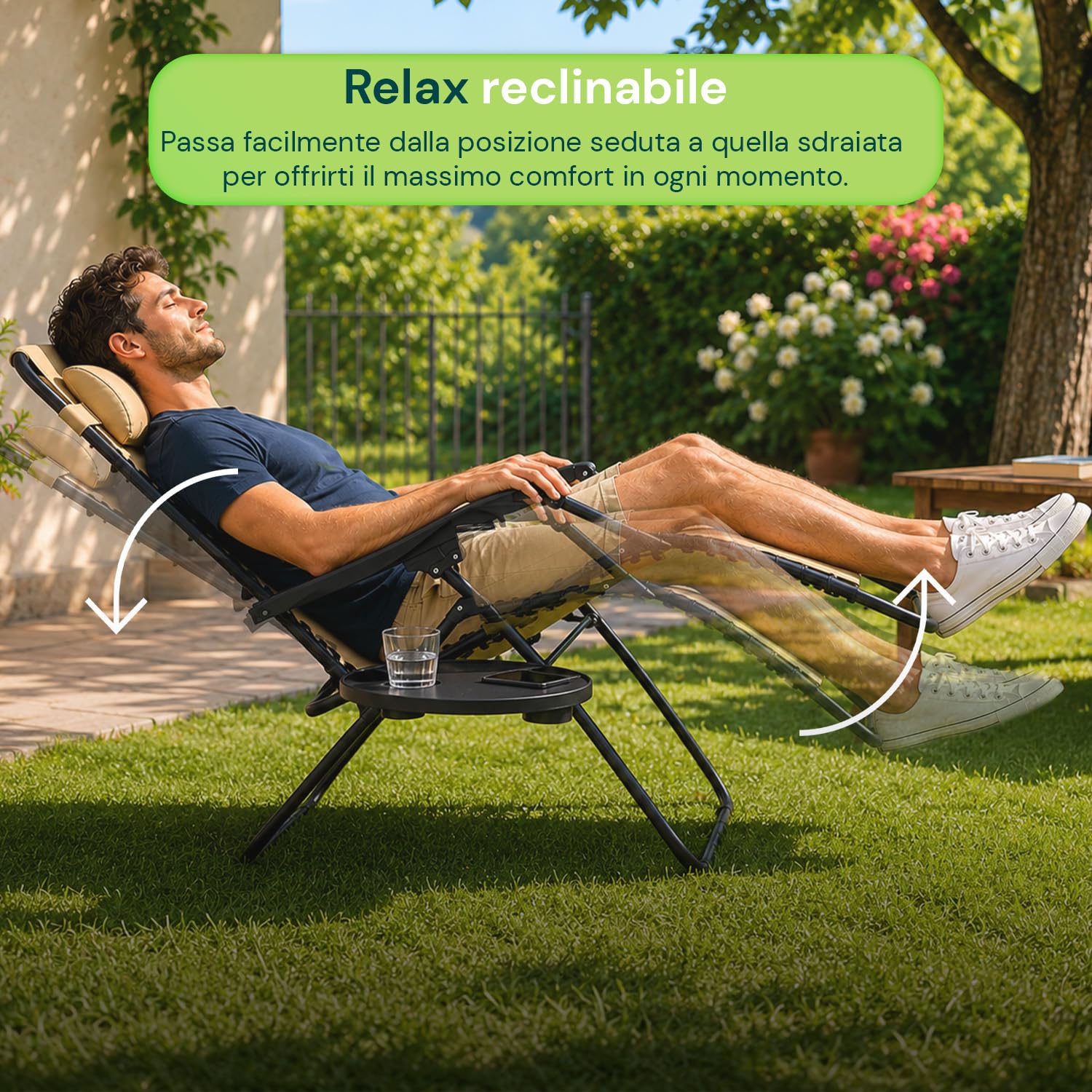 Avilia - Sedia da Giardino Pieghevole con Vassoio Laterale Portabevande – Ferro, Seduta Teslin, 120 kg | Sedia Giardino Pieghevole Reclinabile, L65×P87/176×A108/80 cm, Facile da Pulire