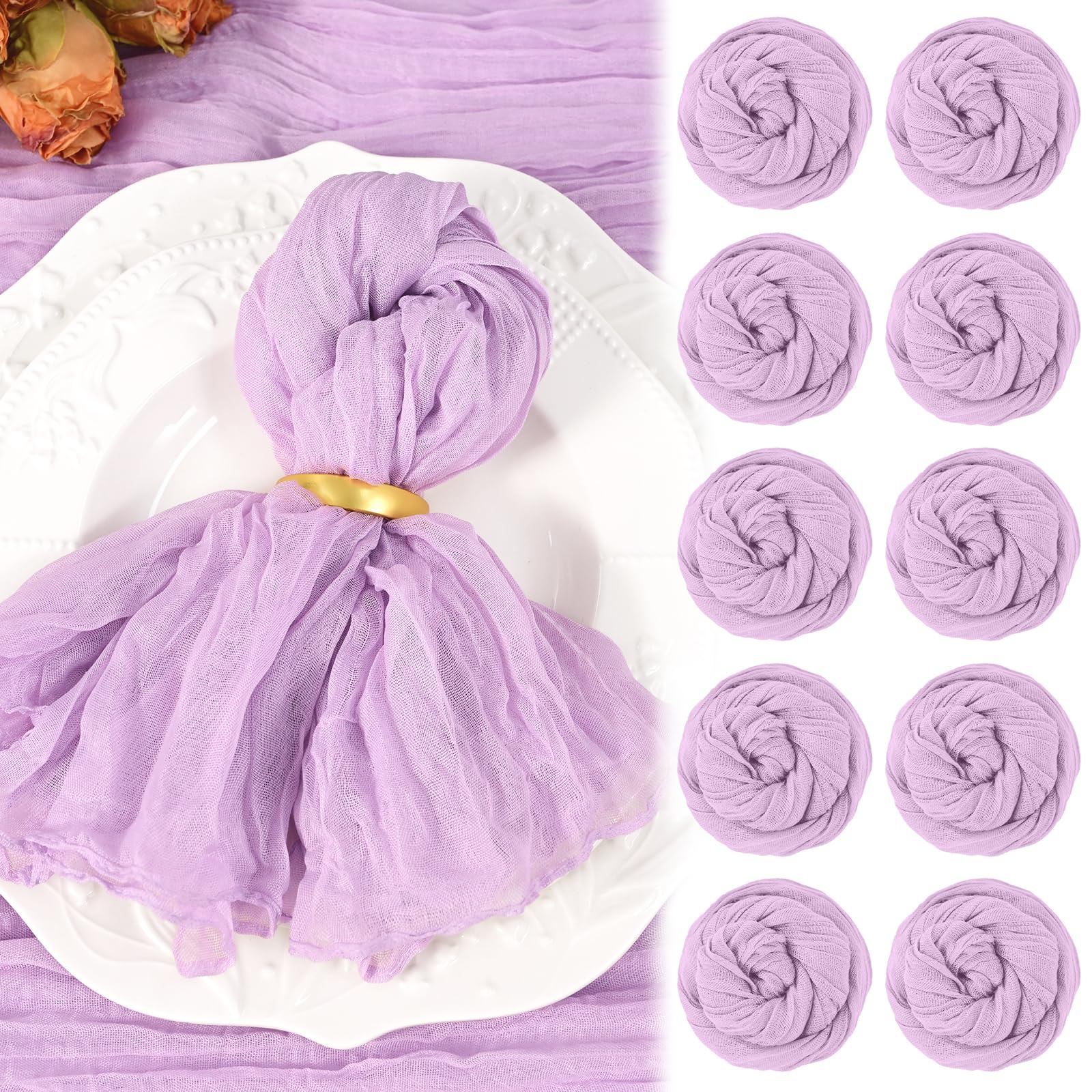 10 Pack Lilac Purple Cheesecloth Napkins 50x50CM Boho Washable Cloth Napkins Set of 10 Wrinkled Cheese Cloth Napkins Gauze Dinner Table Napkin for Wedding Party Baby Shower Birthday Decor