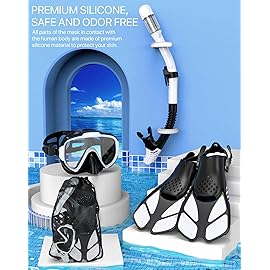 Ubekezele Snorkeling Gear for Adults Men Women,4 in 1 Snorkel Set with Panoramic View Diving Mask Anti-Fog Anti-Leak,Dry Top Snorkel,Fins and Travel Bag for Swimming,Snorkeling and Travel Diving