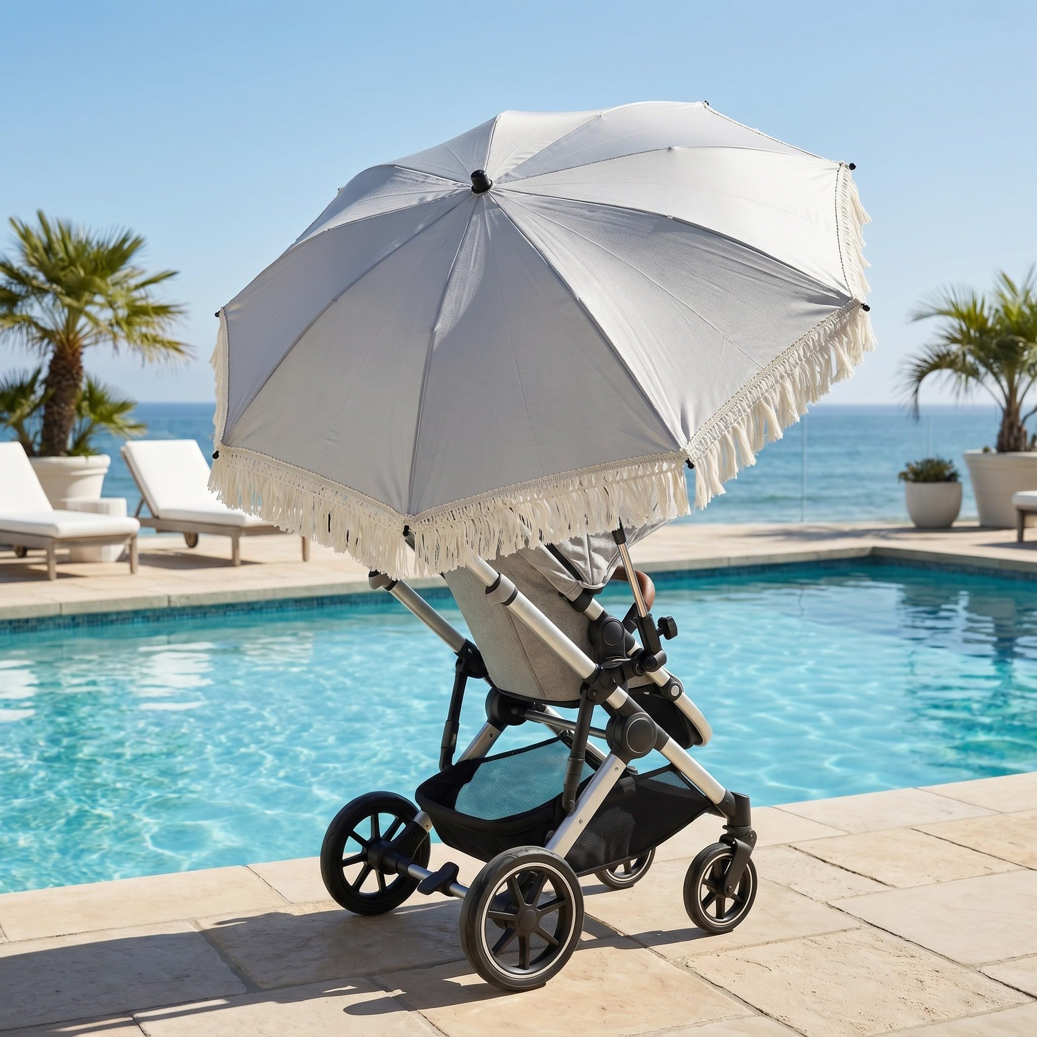 Lurrose Parasol plegable para cochecito de bebé con pinza, sombrilla UV con borlas para cochecito, carrito, viajes y sombra al aire libre, silla y accesorios de camping.