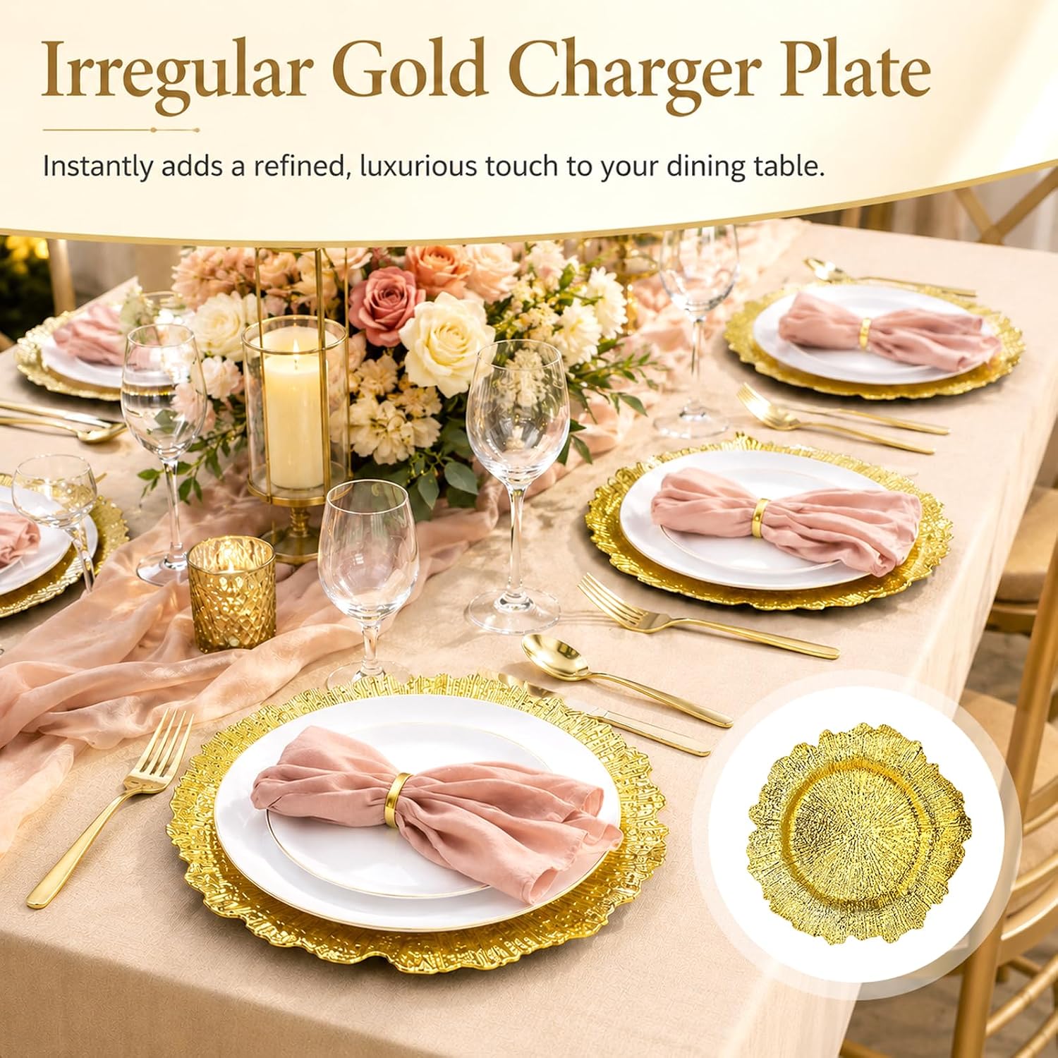 Antique Gold Charger Plates Set of 12, 12.4" Plastic Round Chargers for Dinner Plates, Hollowed Out Shiny Serving Plates for Table Setting, Weddings, Banquets, Parties (Gold-A)