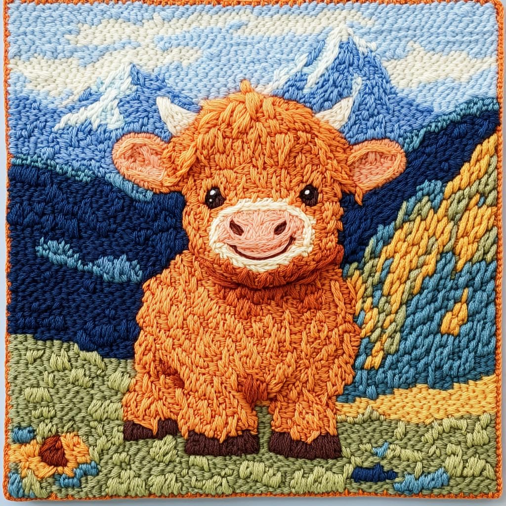 Punch Needle Kits Orange Highland Cow Mountain Easy for Beginners DIY Punch Needle Yarn Starter Embroidery Set for Craft Lovers with Printed Pattern and Hoop for Home Decor 20x20cm(2)