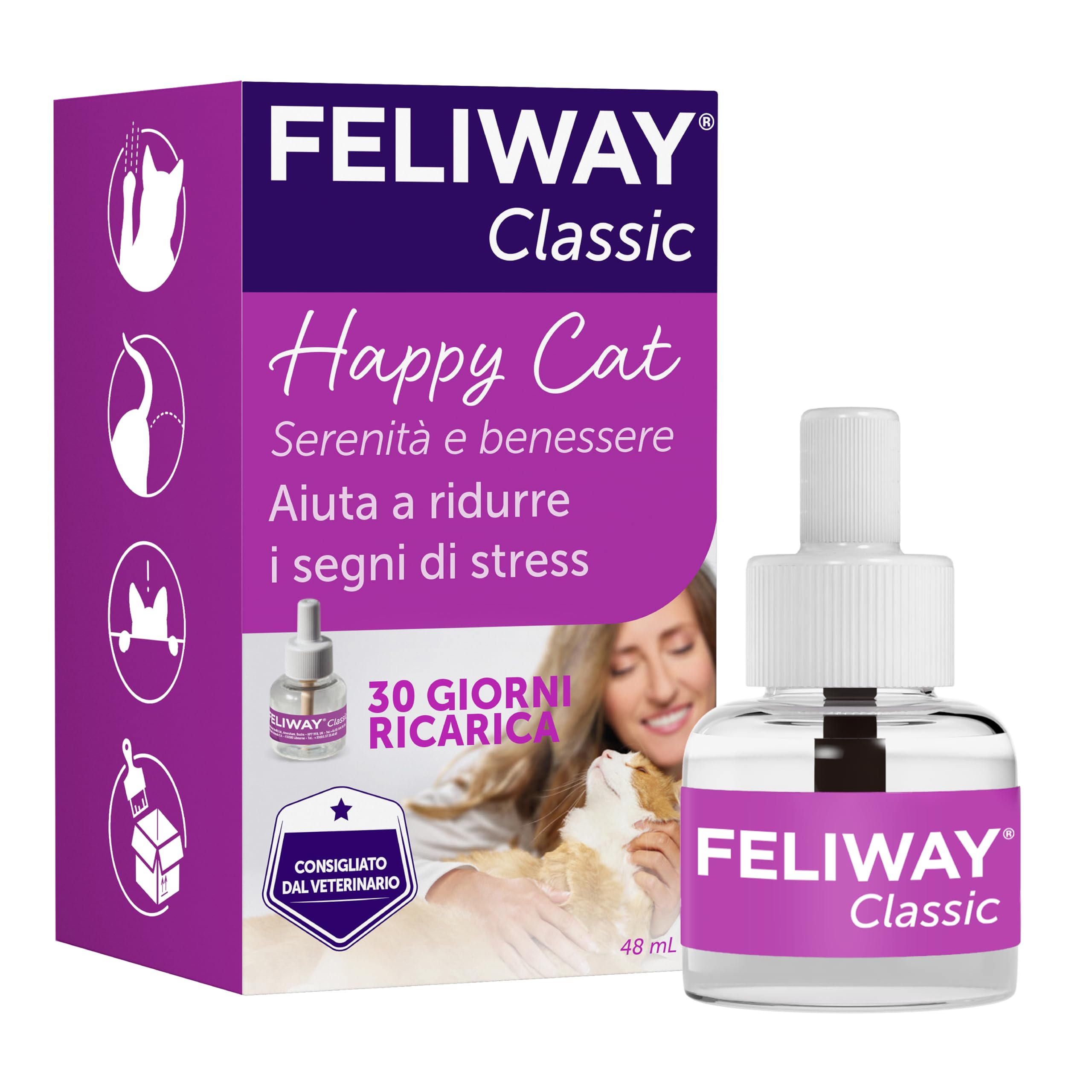FELIWAY Classic 1x30 Giorni Ricarica Calmante per Gatti per Diffusore di Feromoni, 48 ml – Aiuta a risolvere i segni comuni di stress nei gatti e gattini, Raccomandato dai Veterinari