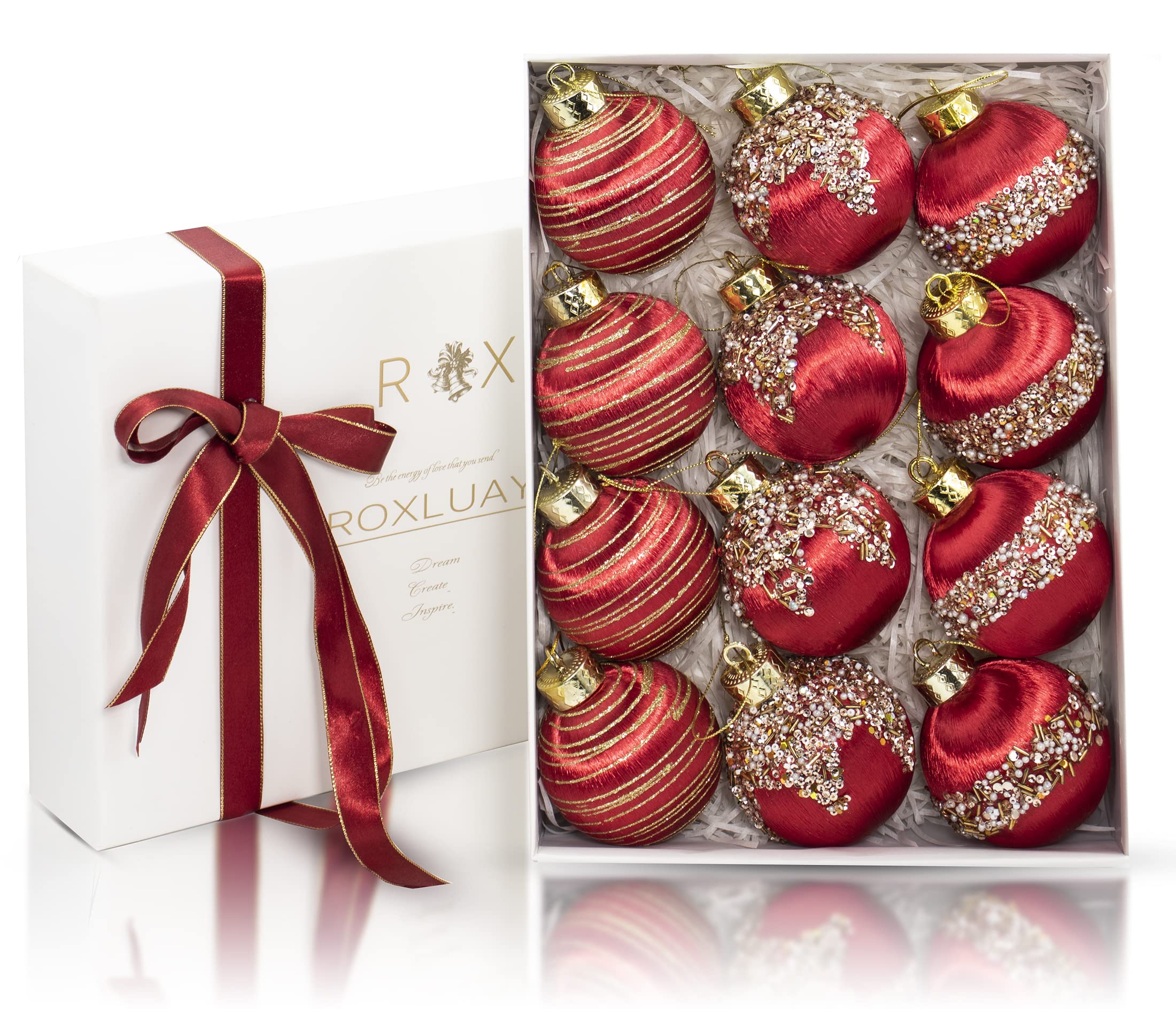 12Pcs 4” Silk Christmas Ball Decorations, Satin Christmas Tree Ornaments, Luxury Vintage Hanging Christmas Home Decor for Xmas Holiday Wedding Party Decoration (RED)