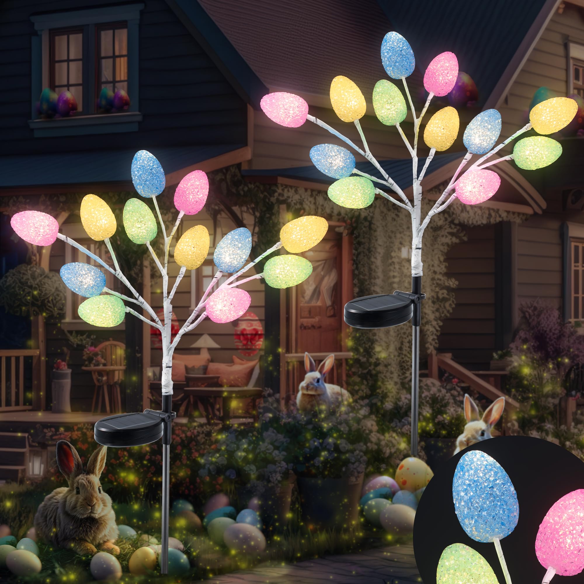 Meonum Solar Easter Egg Lights, 2 Pack Outdoor Easter Decorations Lights with 8 Modes, LED Easter Eggs with Solar Panels, Waterproof Easter Solar Light for Outdoor Easter Decor Garden Yard Pathway