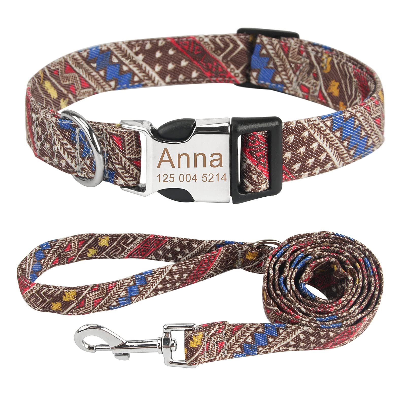 Personalised Dog Collars and Lead Set, Free Engraved Name and Phone Number Dog Collars, Adjustable Retro Nylon Puppy Collar with D-Ring and Metal Buckle for Small Medium Large Dogs(L,Coffee-Set)