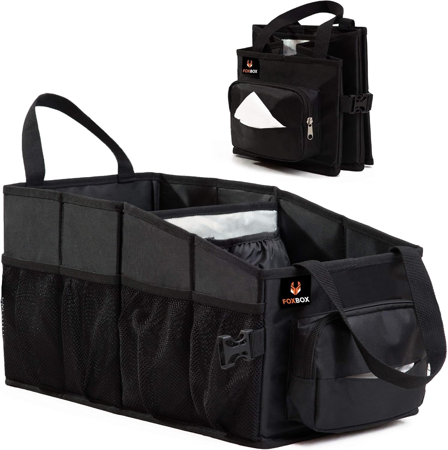 Kids Car Organizer Between Seats - Easy-to-Reach for Back Seat Travel Car Organizer with Tissue Box and Insulated Cup Holder - Backseat Car Storage for Toddlers Next to Car Seat Car Tote (Black) : Automotive