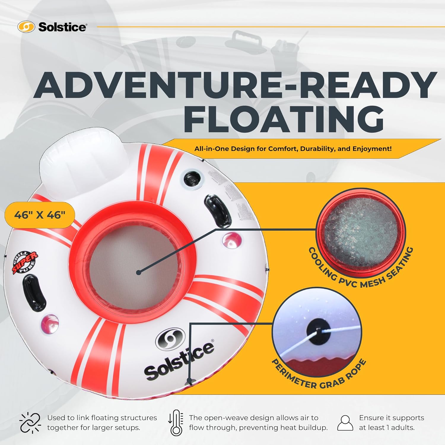 SOLSTICE Inflatable Tube Float – Heavy-Duty Material with Grab Handles for Pool, Lake & River – Compact with Backrest, Mesh Base, Cupholders & Rope – 1-Person, White & Red, 46" – Super Chill