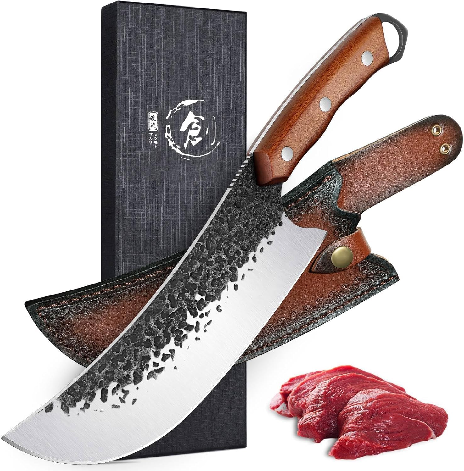 Purple Dragon Handgeschmiedetes Kochmesser mit Lederscheide - Full Tang | ATS-34 Stahl 60-62 HRC, handgeschliffen, Rosenholzgriff, ergonomisch, 3 Nieten, edle Lederhülle, Küche BBQ, Küchengeschenk
