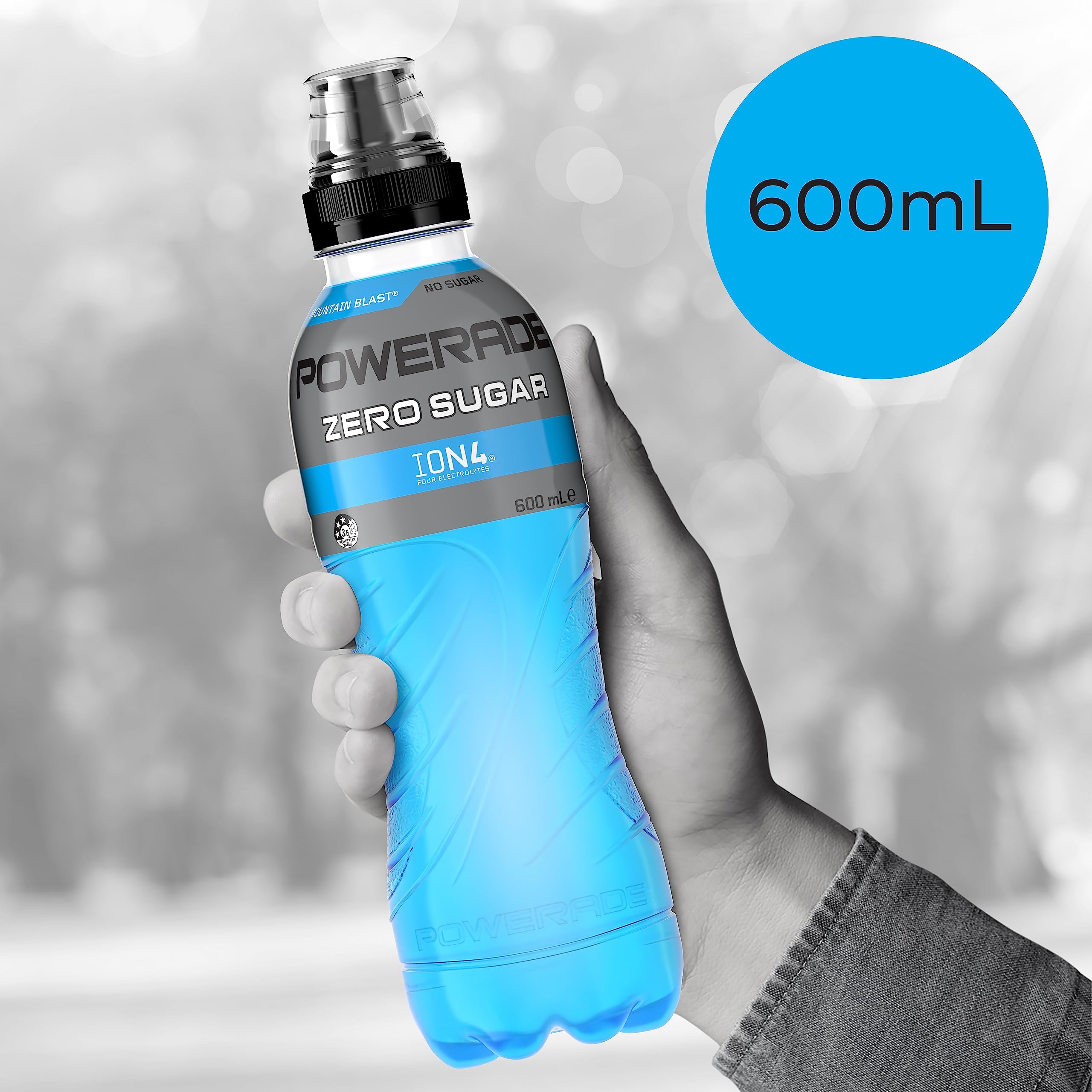 Powerade ION4 Mountain Blast Zero Sugar Sport Drink Multipck Bottiglie con tappo Sipper 12 x 600 ml