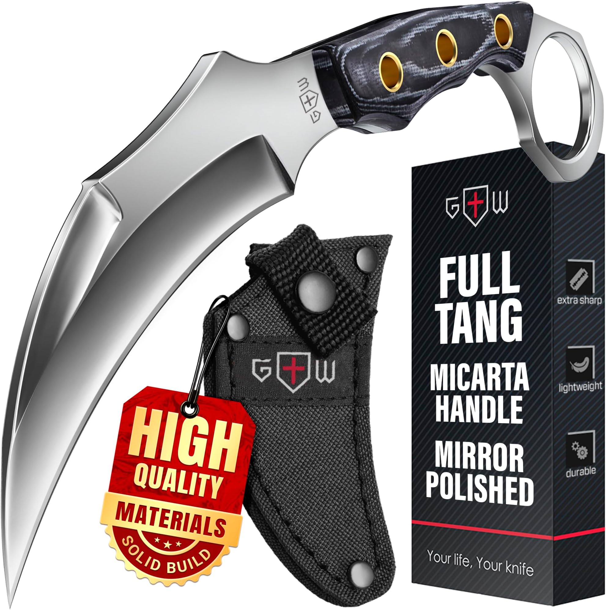 6.7'' Tactical Knife with Sheath - Micarta Handle - 3.15'' Fixed Mirror Polished Blade - Sharp Tiger Claw4 40C Steel Blade - Small Knives for Camping Hunting Survival EDC for Men and Women 2534