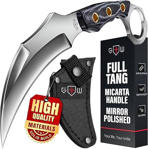 Cuchillo táctico Karambit con funda - Mango de Micarta - Hoja fija de acero 440C pulida en espejo - Pequeños Karambits para camping, caza,