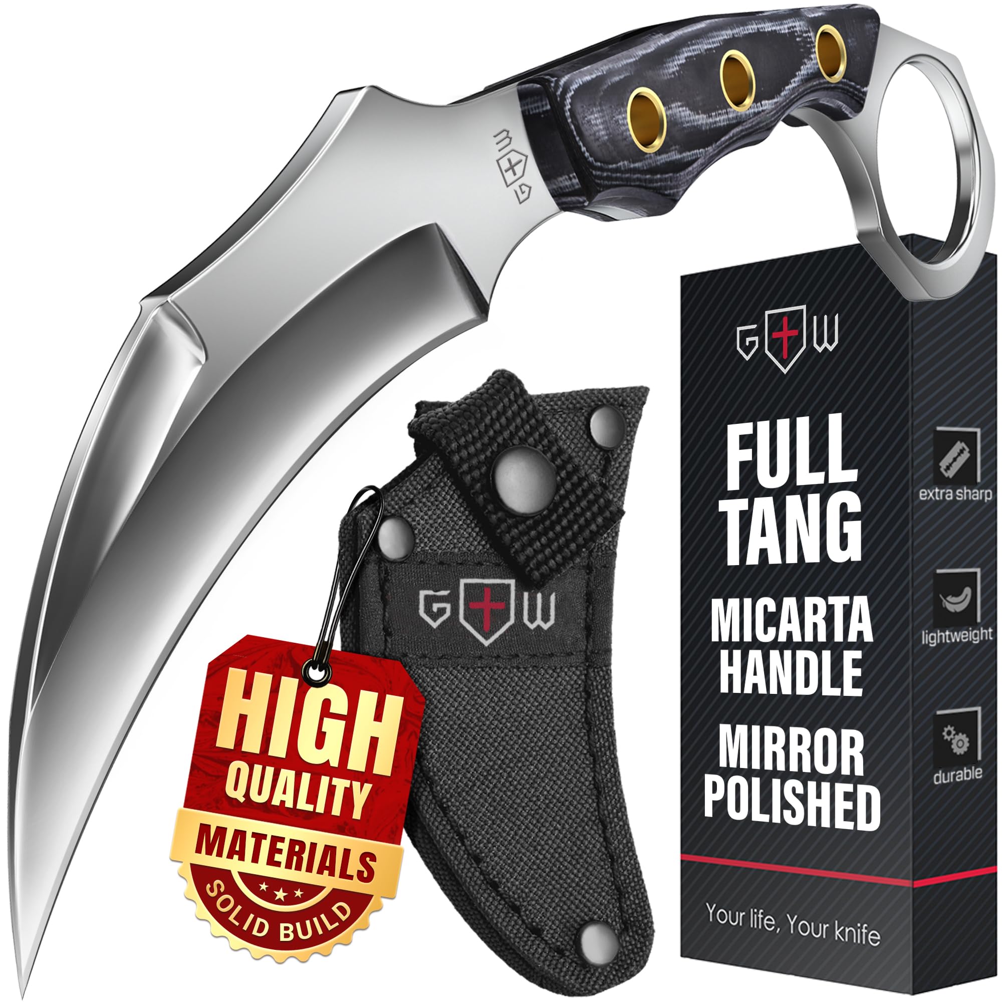 Tactical Knife with Sheath - Micarta Handle - Fixed Mirror Polished 440C Steel Blade - Small Knives for Camping Hunting Survival EDC for Men and Women - Fathers Day Gift 2534