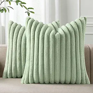 Pallene Faux Fur Plush Throw Pillow Covers 20x20 Set of 2, Luxury Soft Fluffy Striped Decorative Pillow Covers for Sofa, Couch, Living Room, Sage Green