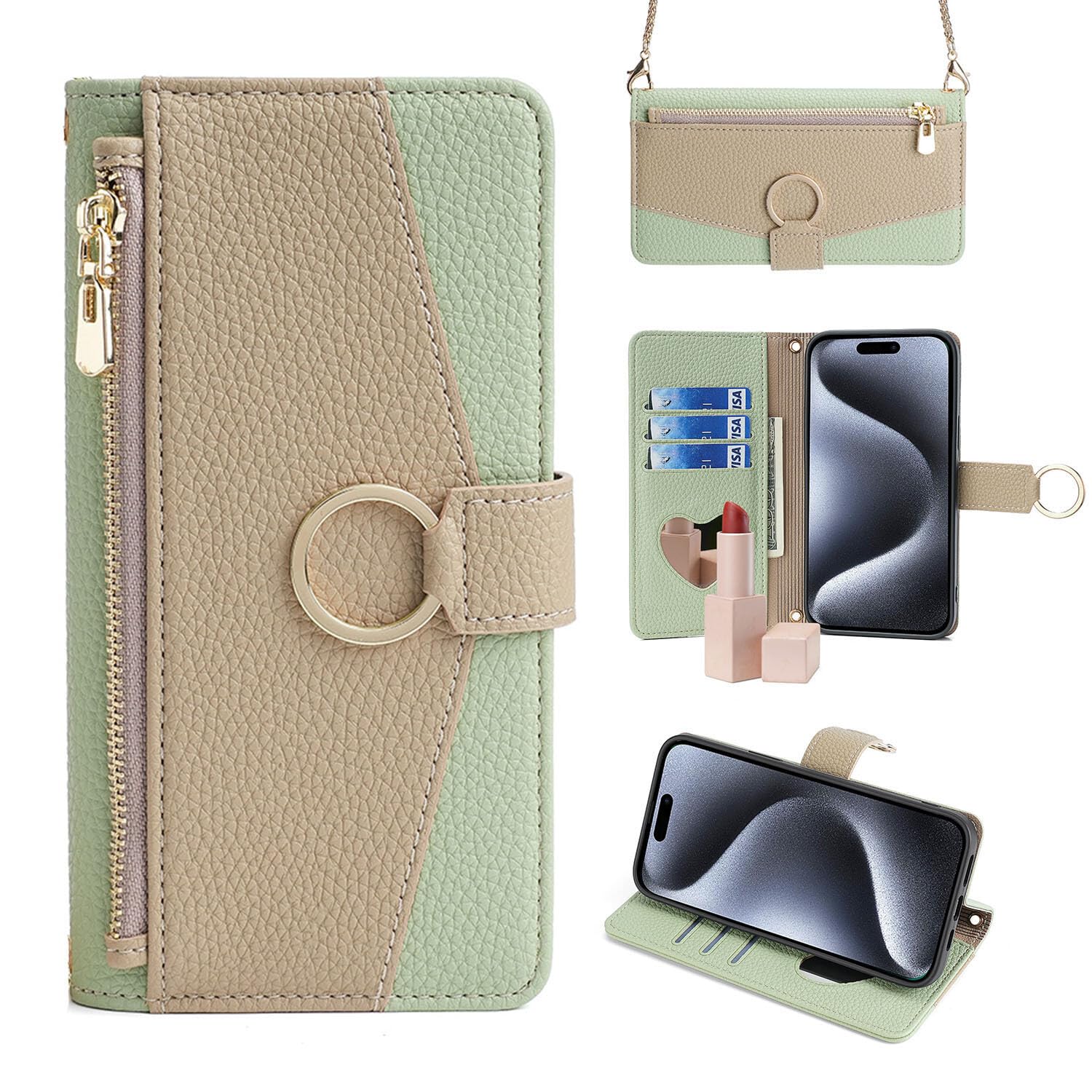 Generic - Funda compatible con Samsung Galaxy A33 5G (color verde) con correa de cadena con cremallera y billetera de piel con tapa trasera y espejo