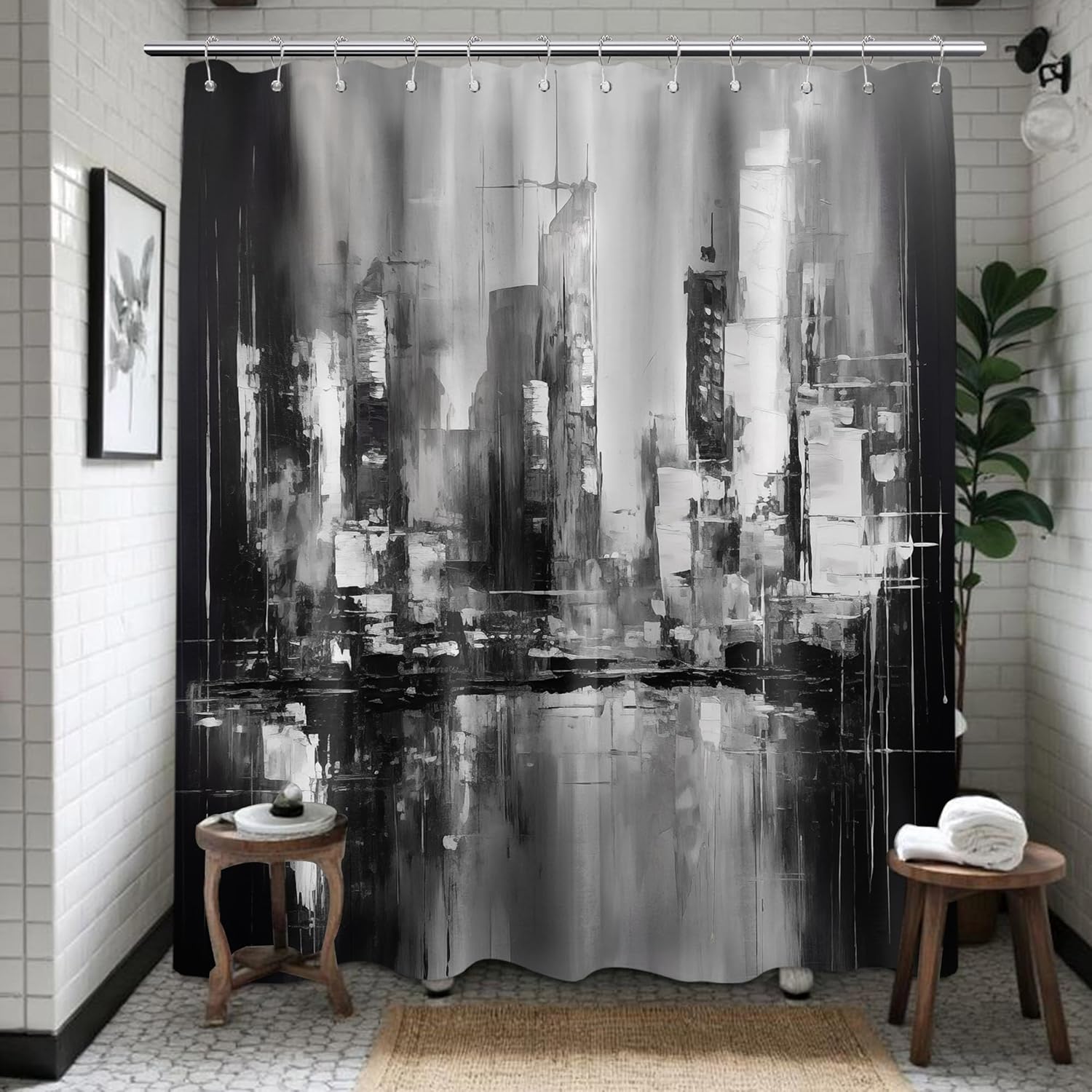 Black and White Shower Curtain Black and Grey Abstract Art Modern Shower Curtains for Mens Bathroom Decor, Waterproof Fabric 72 x 84 inch with Hooks