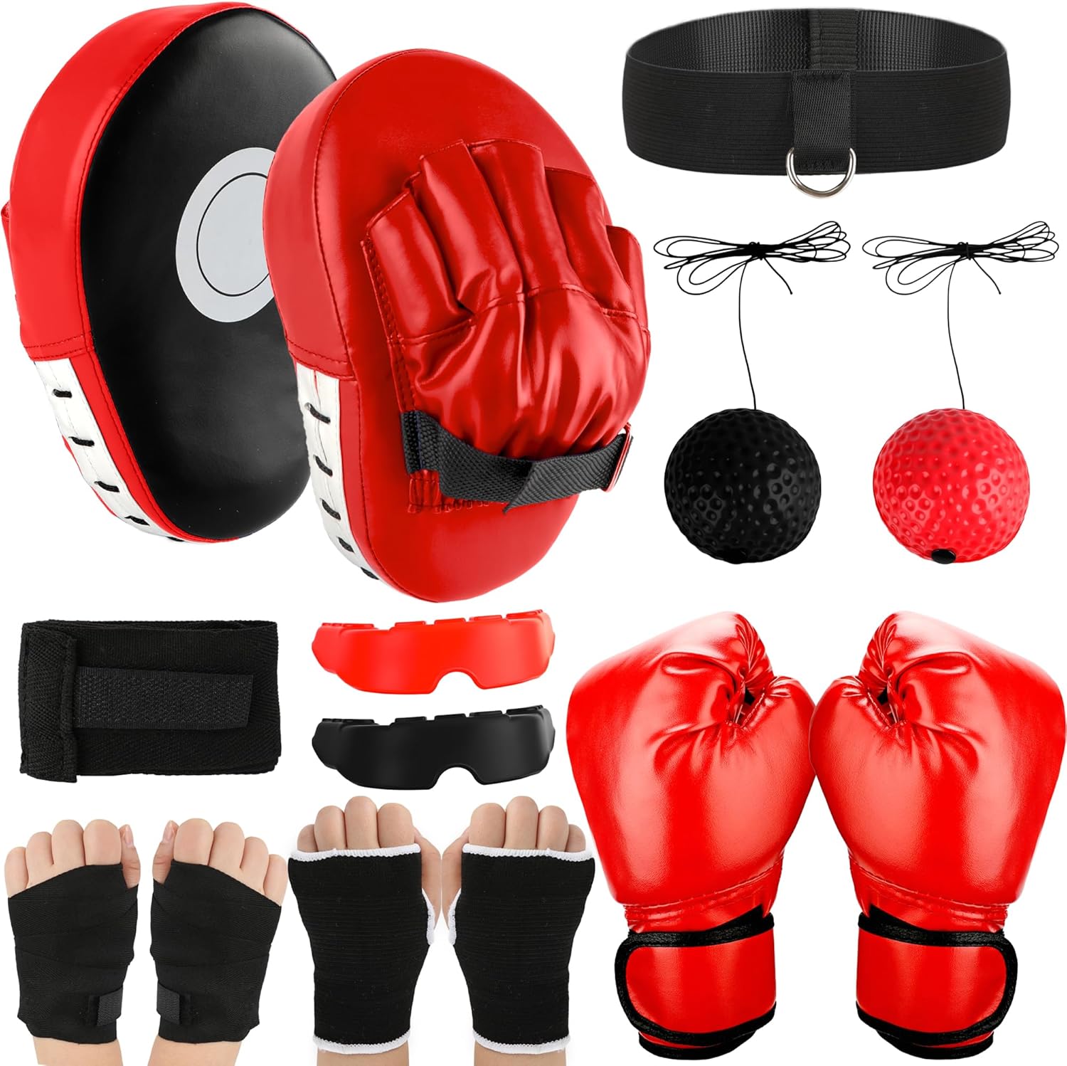 3-in-1 Boxing Gloves and Punching Mitts Set for Kids with Kids Boxing Gloves Hand Wraps for MMA Karate Muay Thai Taekwondo