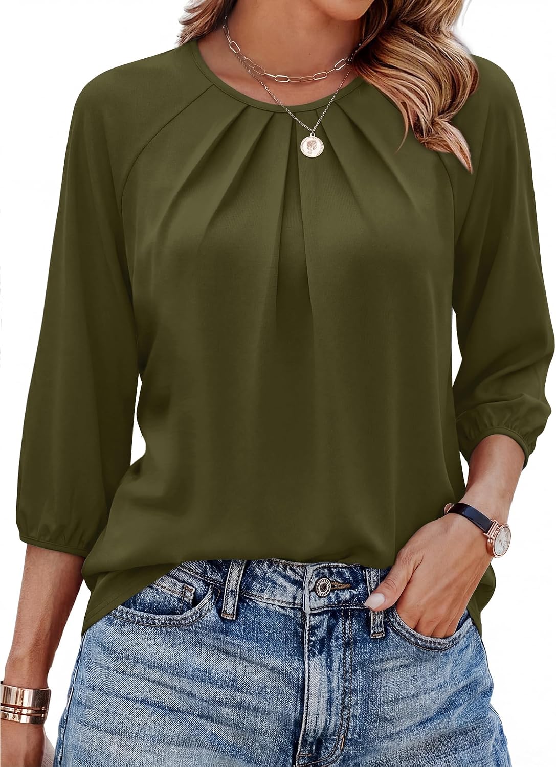 WIHOLL 3/4 Length Sleeve Womens Tops Pleated Front Crew Neck Blouses Dressy Casual Business Casual Spring Summer Shirts S-3XL