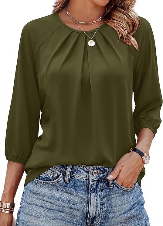 WIHOLL 3/4 Length Sleeve Womens Tops Pleated Front Crew Neck Blouses Dressy Casual Business Casual Spring Summer Shirts S-3XL