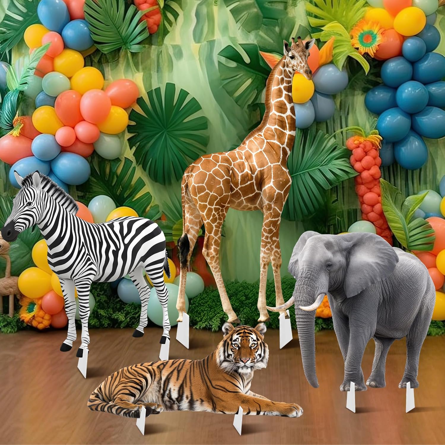 4 Pcs Safari Birthday Decoration Jungle Animal Cardboard Cutout Standup Life Size Safari Baby Shower Decorations Elephant Tiger Giraffe Zebra Cardboard Cutout for Photo Backdrop Party Favors
