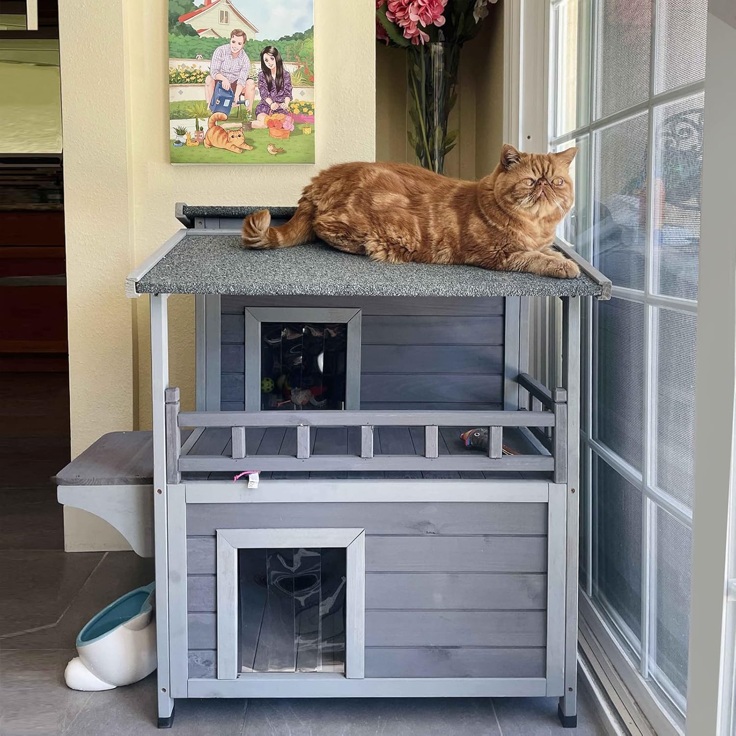Outdoor Feral Cat House, Wood Cat Shelter with Escape Door, Rainproof Outside Kitty House with Balcony (#AIR33-M)