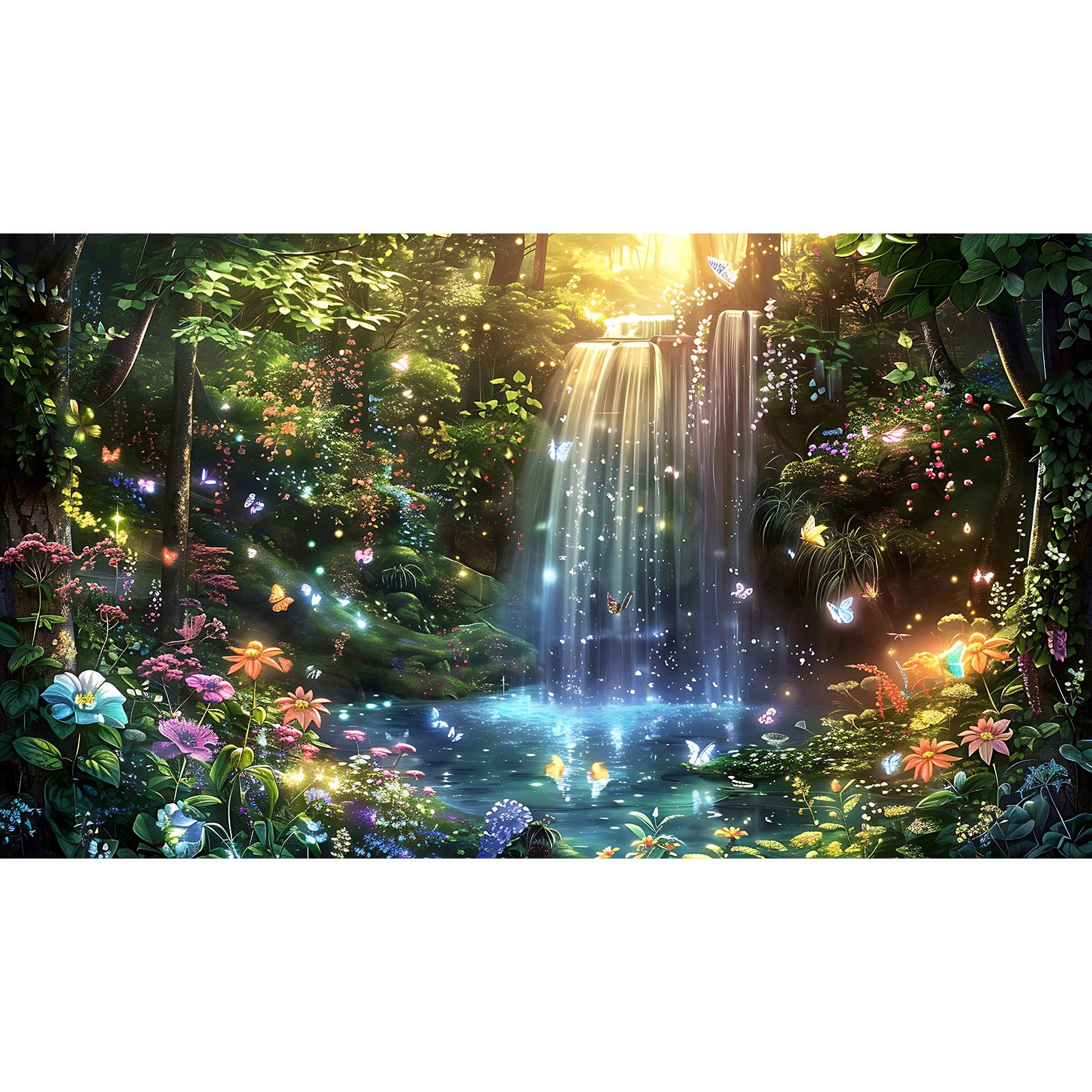 Jungle Waterfall Aquarium Background Fantasy Forest Vibrant Flowers Fish Tank Background Magical Forest Glade Dancing Butterflies Reptile Tank Backgrounds Tranquil Lake Terrarium Backgrounds 48x20in