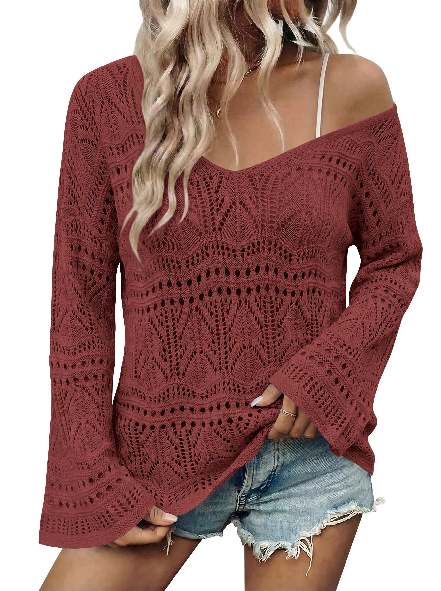 Cakulo Womens Summer Crochet Tops Boho Off Shoulder Sweaters Lightweight V Neck Loose Vacation Resort Wear 2026
