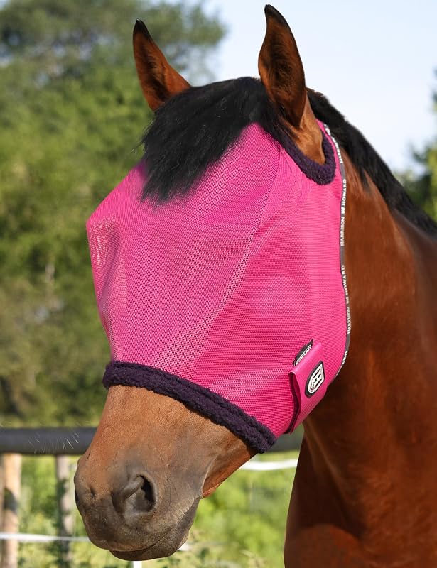 Máscara contra moscas para cavalos Harrison Howard em tela com proteção UV e acabamento em fleece Magenta tamanho Grande
