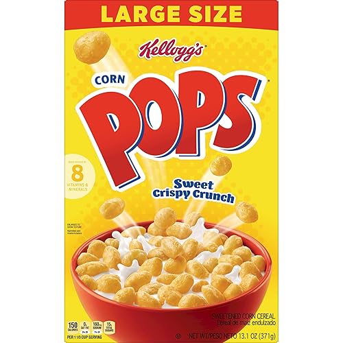 Miniatura 6 de Corn Pops Cereal de desayuno frío, 8 vitaminas y minerales, aperitivos para niños, tamaño grande, original, caja de 13.1 onzas (1 caja)