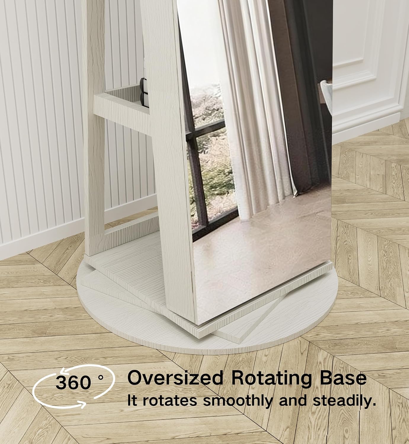 Lockable Mirror Jewelry Cabinet Standing, Full Length Mirror with Storage, 360° Swivel Jewelry Organizer Armoire, White