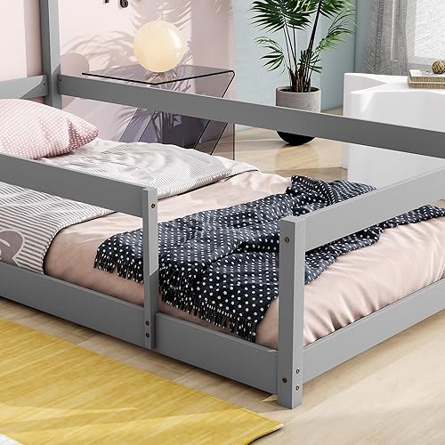 Miniatura 27 de SOFTSEA Base de cama completa para niños, plataforma de madera para casa, marco de cama para niños, necesita somier, fácil de montar, gris Natural