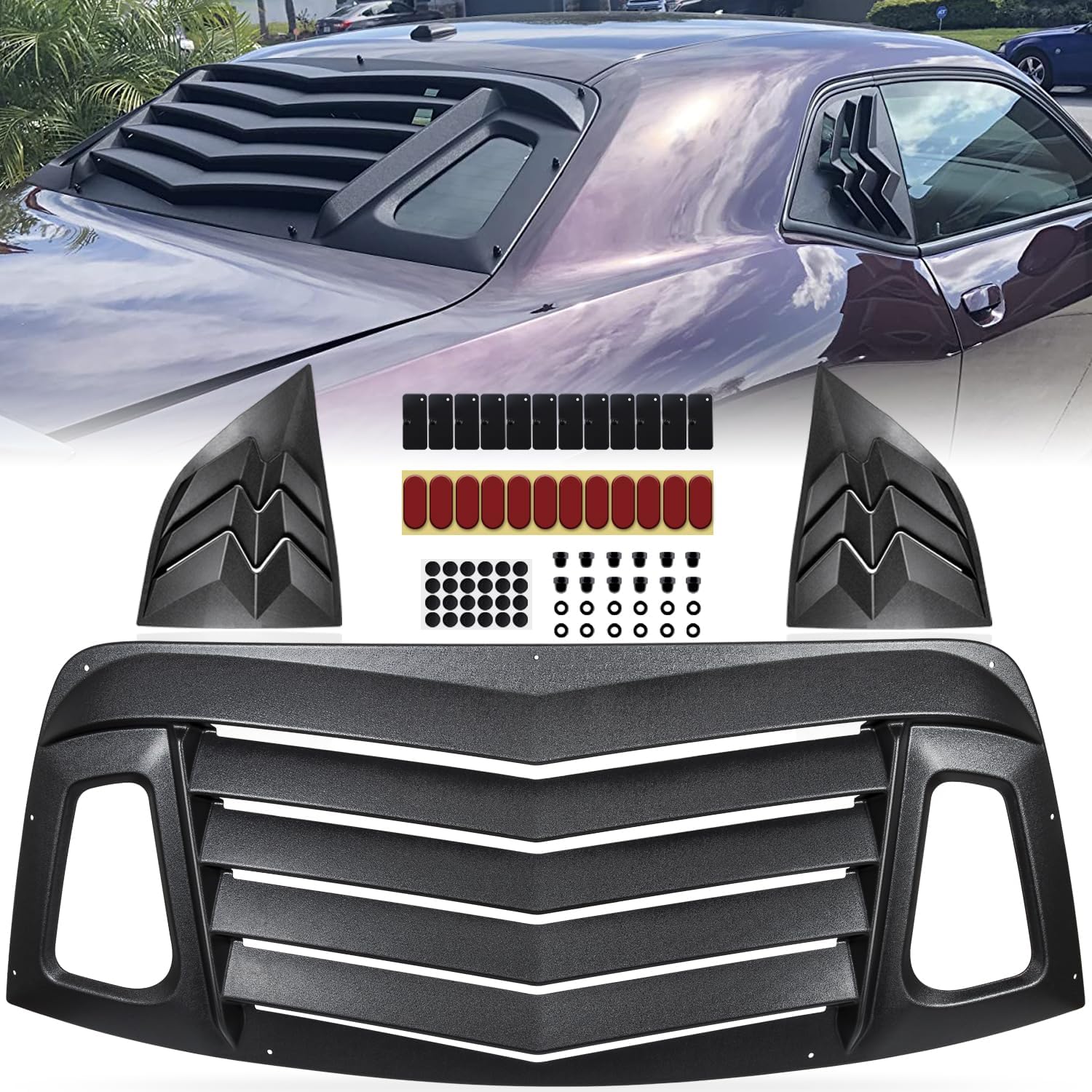 Rear & Side Window Louvers, Windshield Sun Shade Cover Compatible with Dodge Challenger 2008-2023 in GT Lambo Style, ABS Material Sun Rain Shade Vent Matte Black