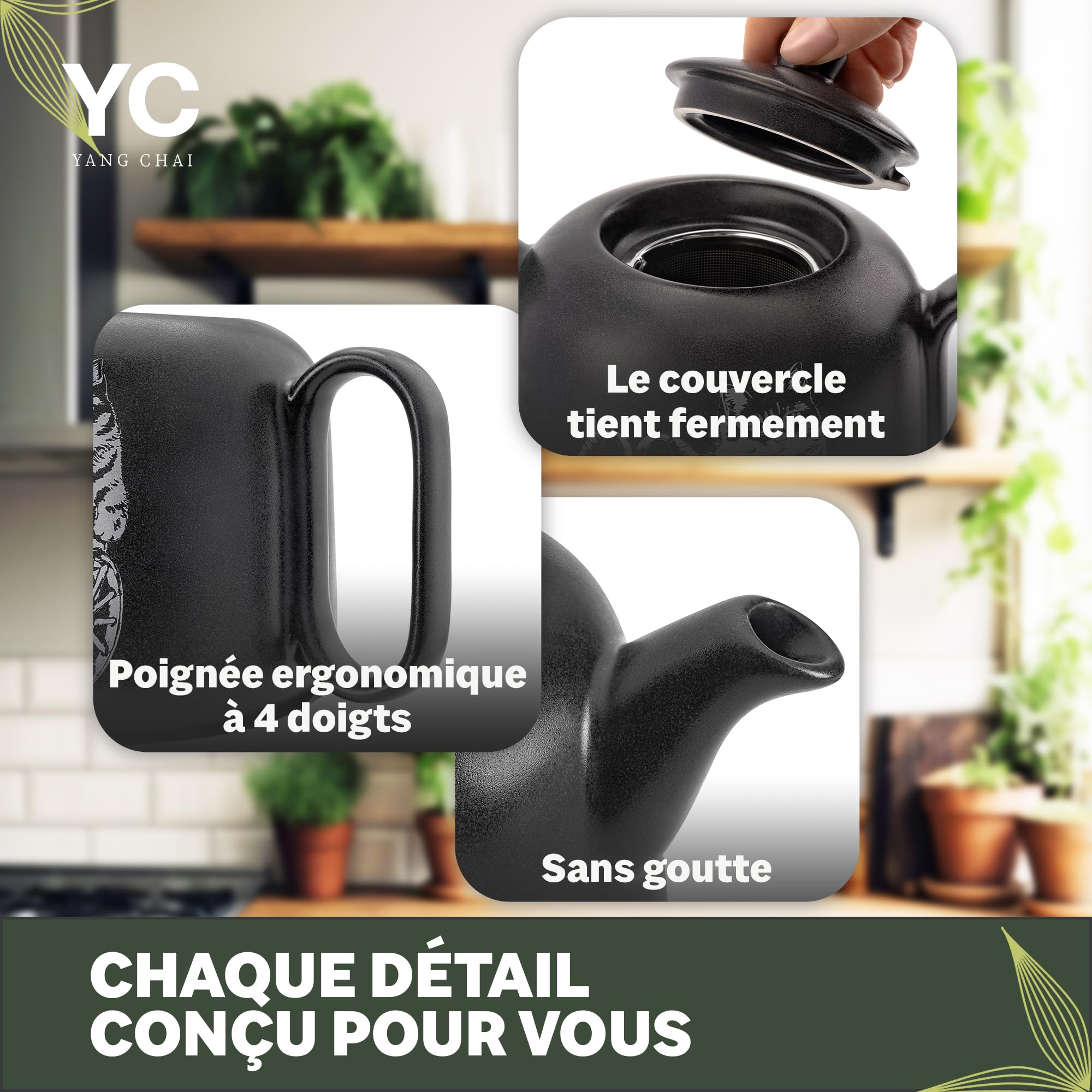 YC Yang Chai Théière avec Réchaud - Céramique Noir Mat 1,3L - Théière avec Infuseur - Artisanale, Antigoutte & Résistante à la Chaleur - Chaleur longue Durée - YC GATOLO