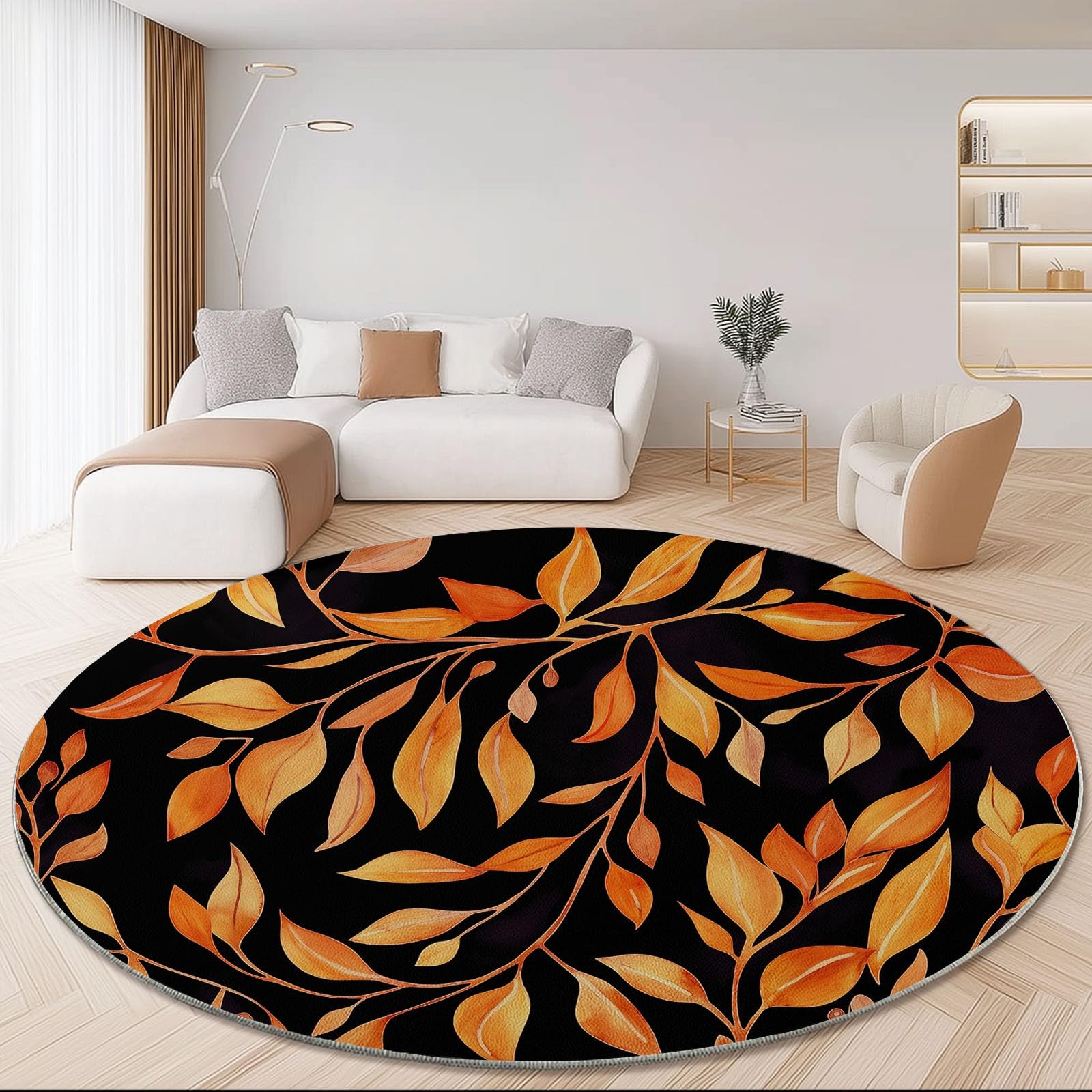 Tapis rond lavable 100 cm motif feuilles d'automne aquarelle noir et orange
