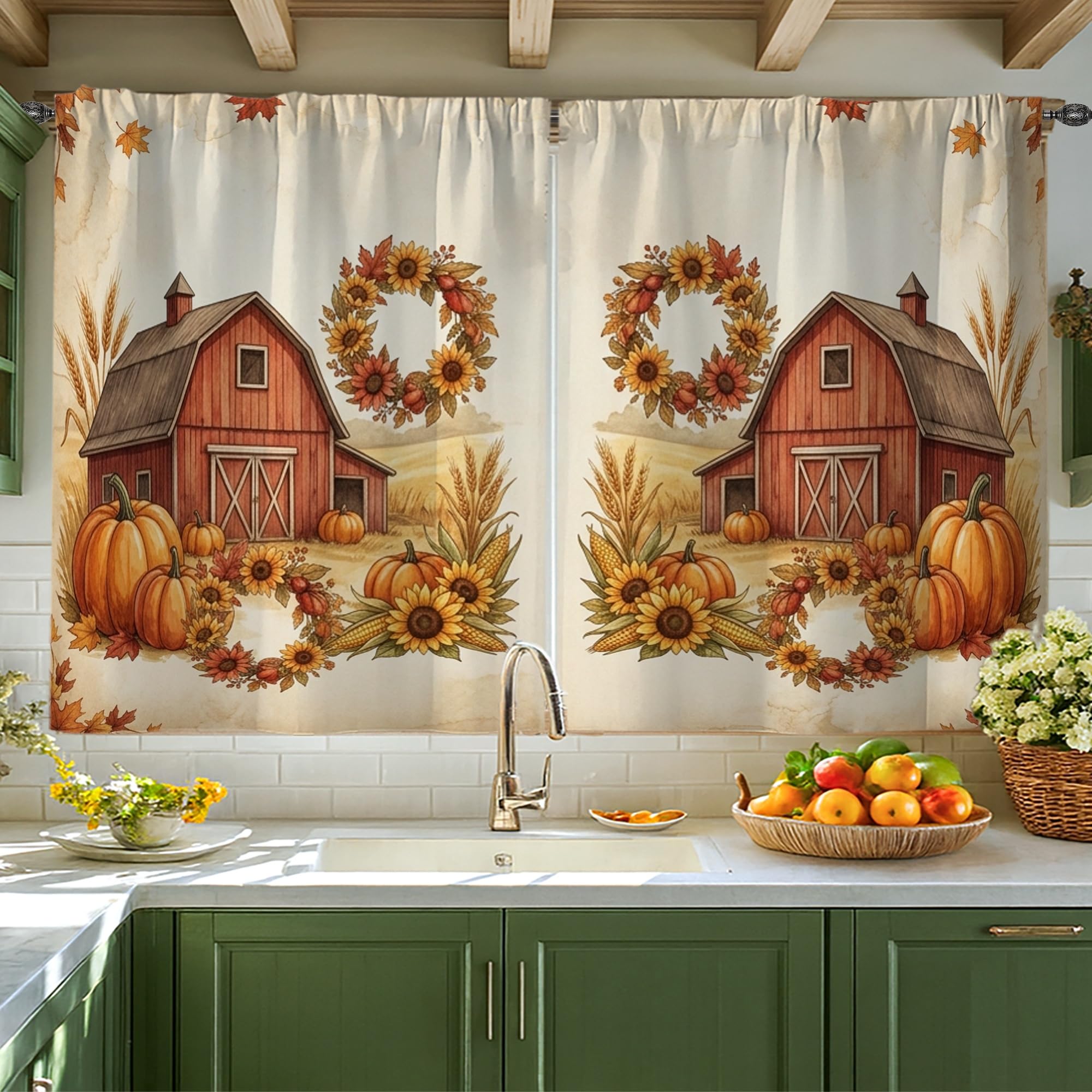 Rideaux rustiques de cuisine de grange orange couronne de citrouilles d'automne 106x114 cm