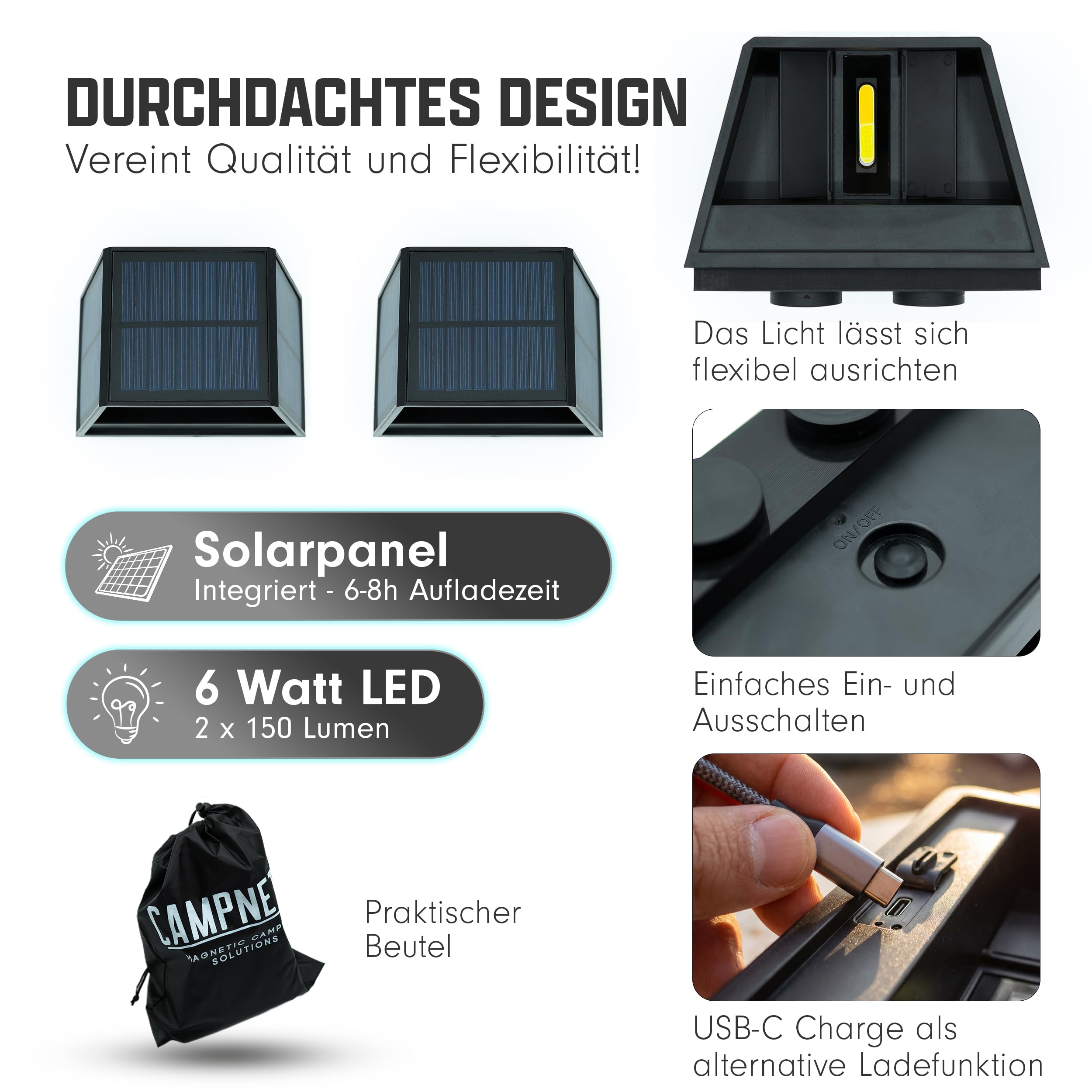 Campnetic LED Solar Ambientelicht mit Magnethalterung - 2er Set - Campingleuchte, Campinglicht - Verstellbarer Lichtkegel, Solaraufladung & 12h Laufzeit - Vanlife, Camping, Kastenwagen, Wohnmobil