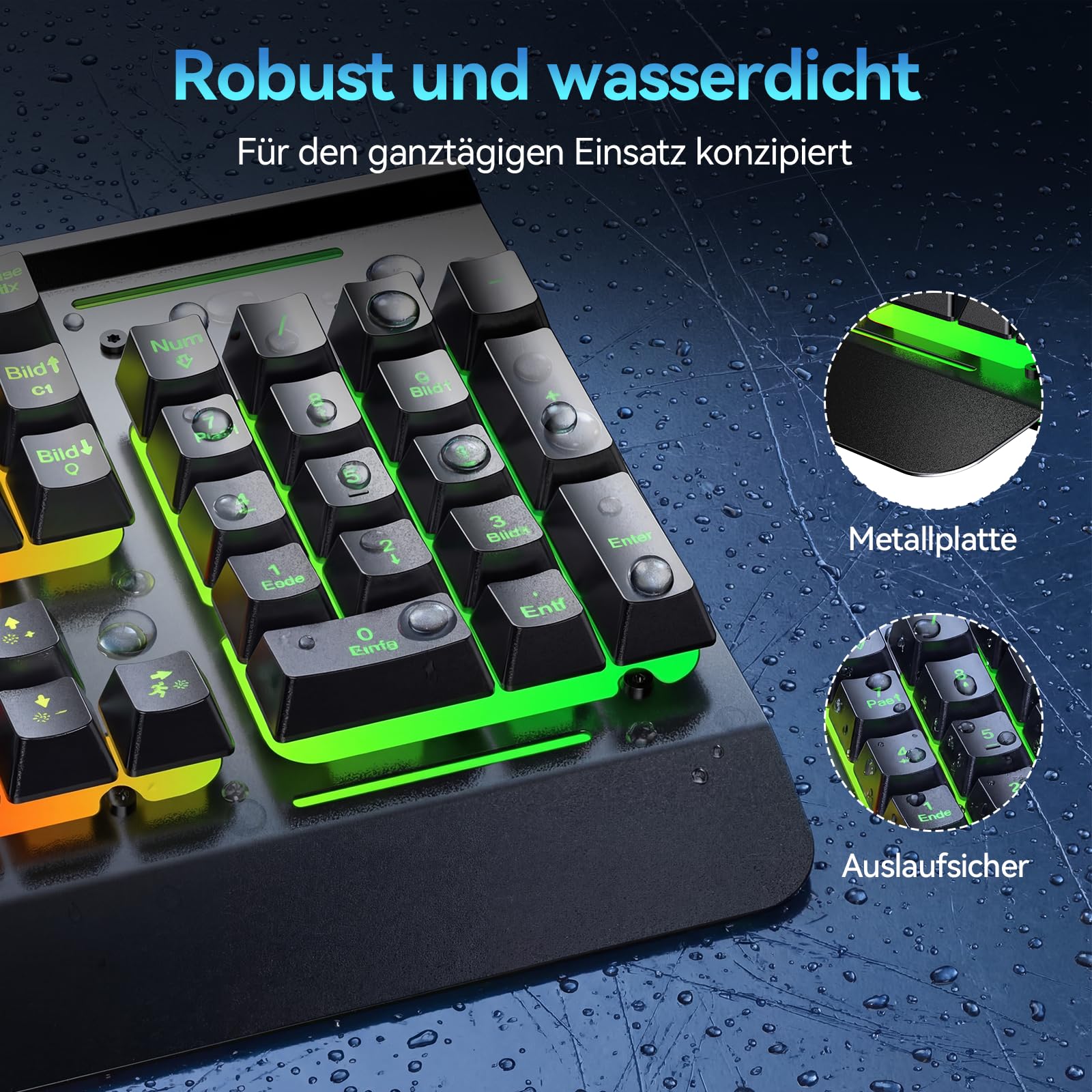 TECKNET Gaming-Tastatur Kabellos, QWERTZ-Tastatur (Deutsches Layout), Membran Tastatur mit 105 Tasten, Vollmetall-Pane, RGB Beleuchtung, Handgelenkauflage, 25 Anti-Ghosting-Tasten für Gamer & Büro